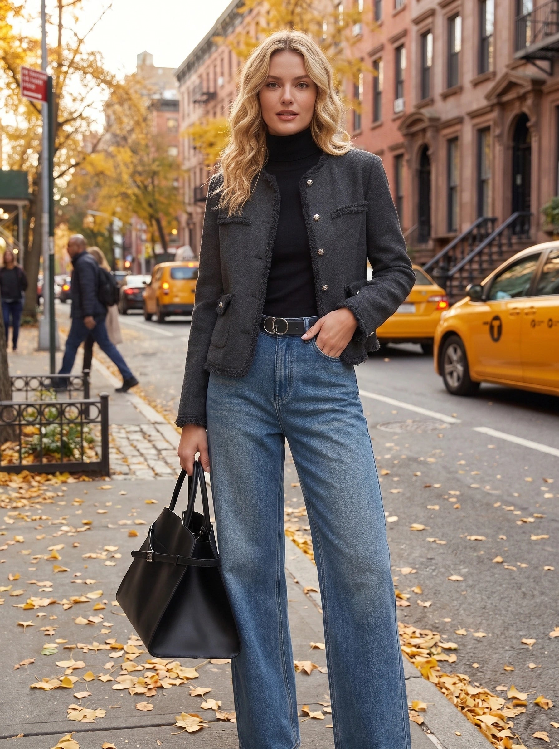 Close up view of the women's tailored autumn jacket showing frayed edges, intricate stitching, and luxurious fabric texture against a neutral background.