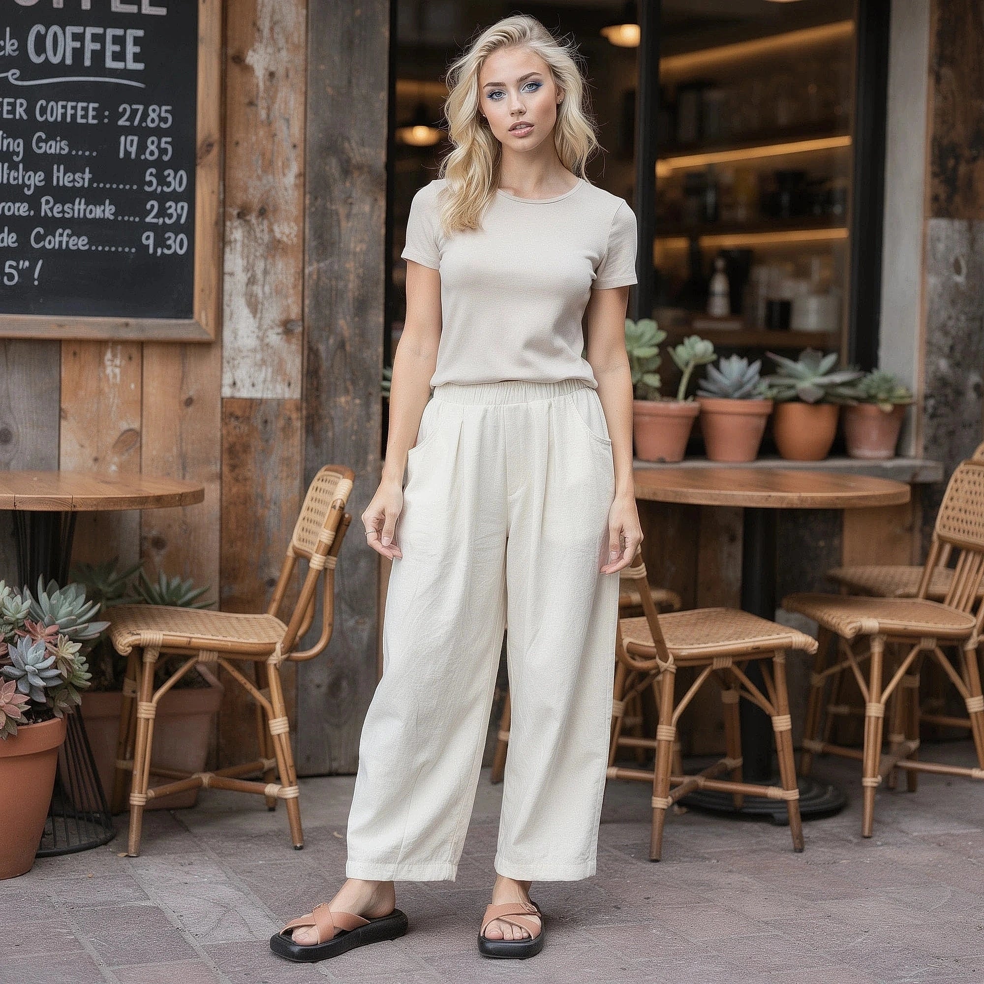 View of elegant high waisted wide leg pants in soft fabric, featuring a relaxed fit and flowing silhouette