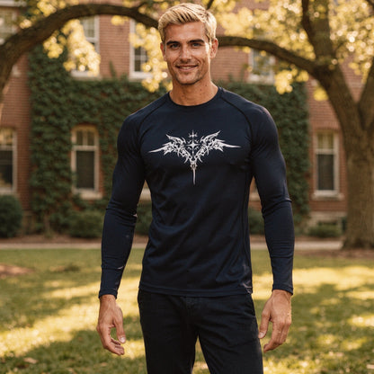 View of a black quick drying compression tee featuring short sleeves and a fitted design