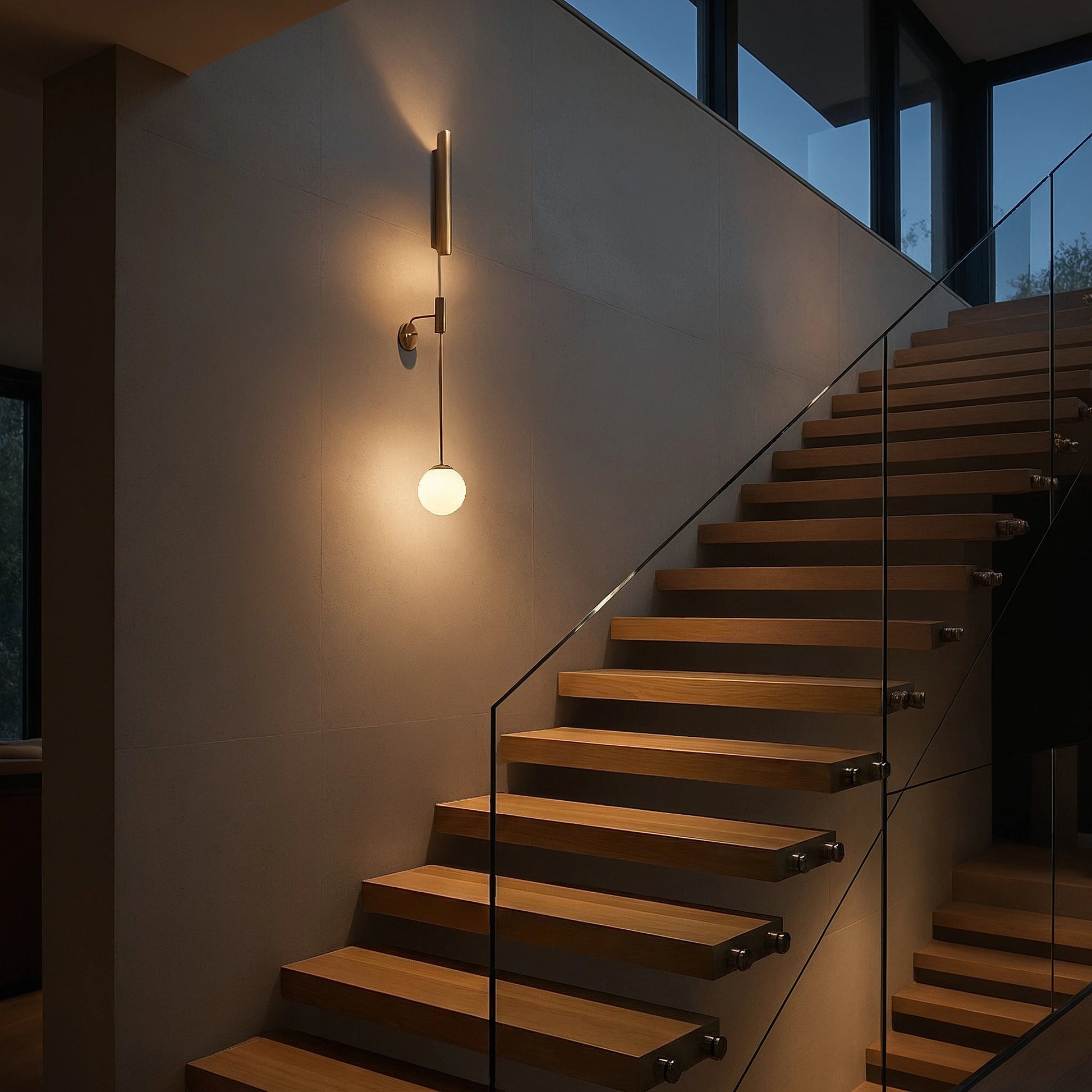 View of a brass wall sconce with dual light fixtures, featuring a refined Nordic design and warm metallic finish