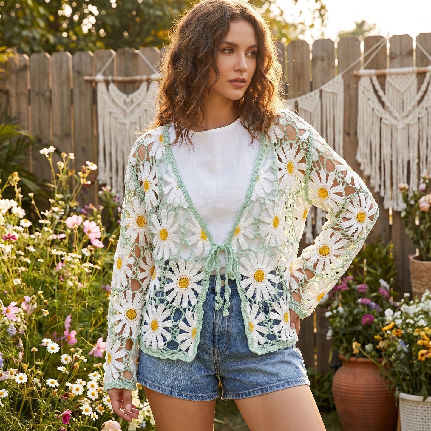 Close up view of the lightweight sheer fabric and intricate stitching of the Womens Sheer Boho Summer Cardigan, showing its design and texture.