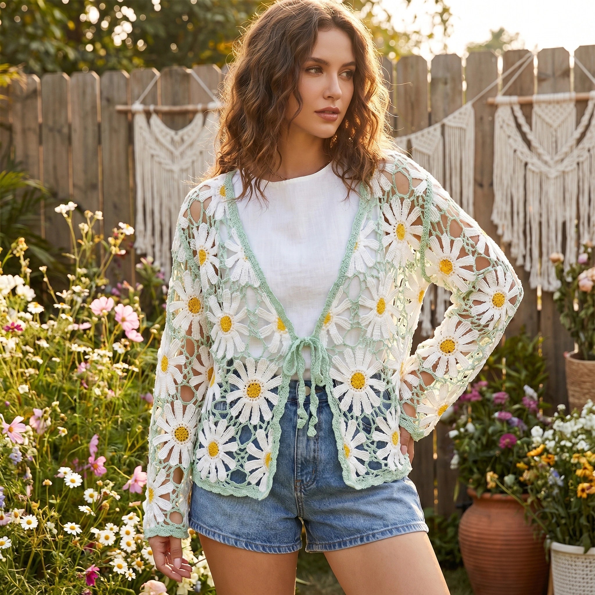 Close up view of the lightweight sheer fabric and intricate stitching of the Womens Sheer Boho Summer Cardigan, showing its design and texture.