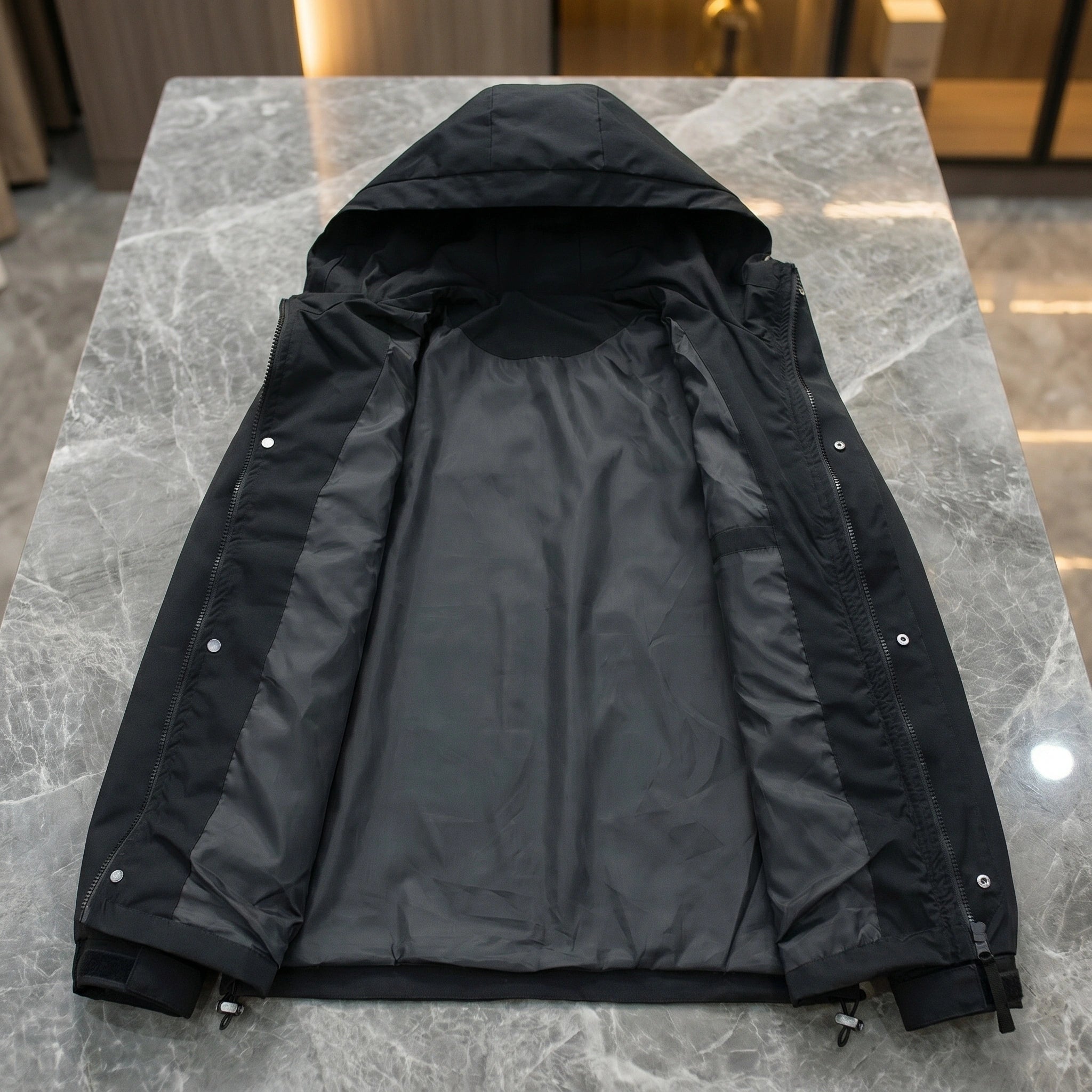 Front view of a model showing a men's casual relaxed autumn hooded jacket in a rich olive green, styled with dark jeans against a neutral background.