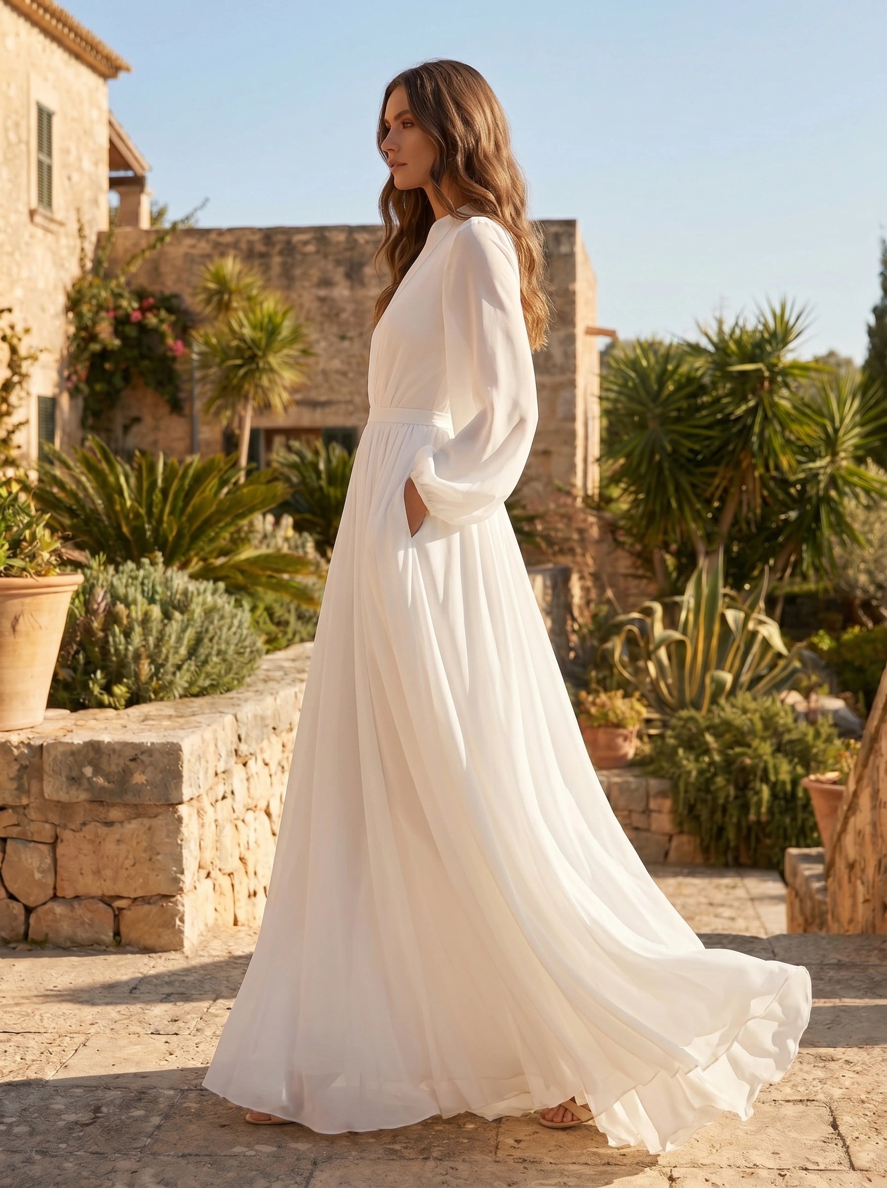 Close up view of the Womens Flowing Maxi Dress showing its delicate fabric texture, intricate stitching, and graceful draping, perfect for formal events.