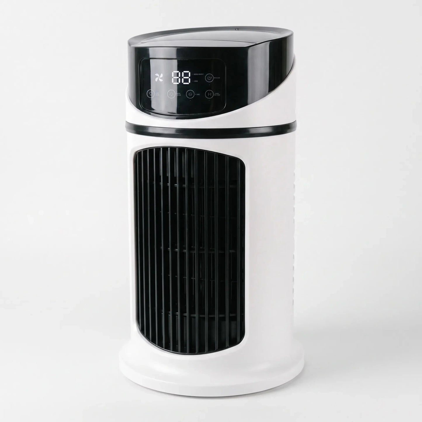 Of the fan's control buttons and misting nozzle, highlighting adjustable settings for customized cooling and convenience