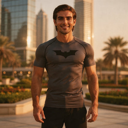 View of a black men's athletic compression running tee, featuring short sleeves and a smooth, stretchy fabric