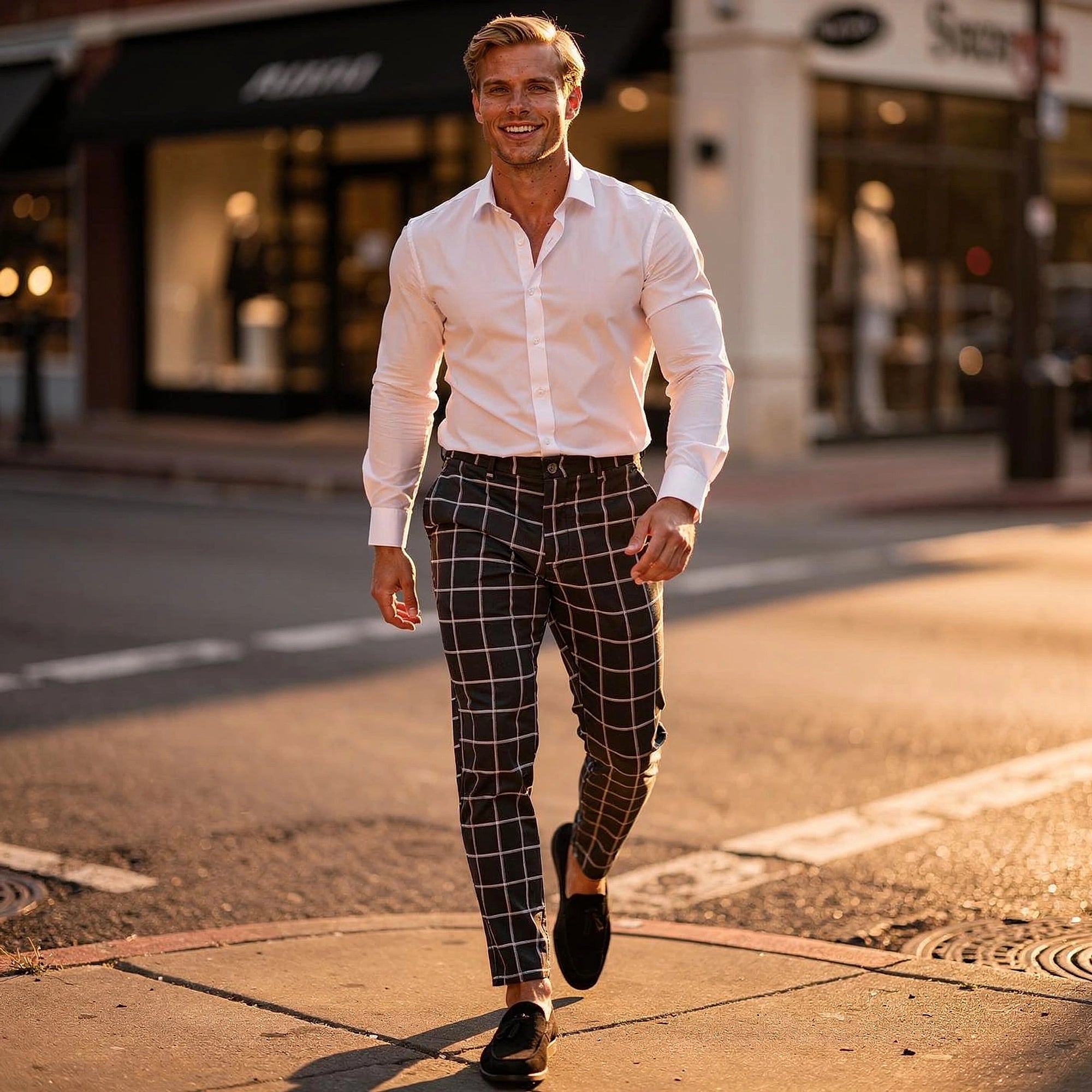 View of modern tailored tapered trousers in charcoal gray, featuring a sleek fit and subtle pocket detailing