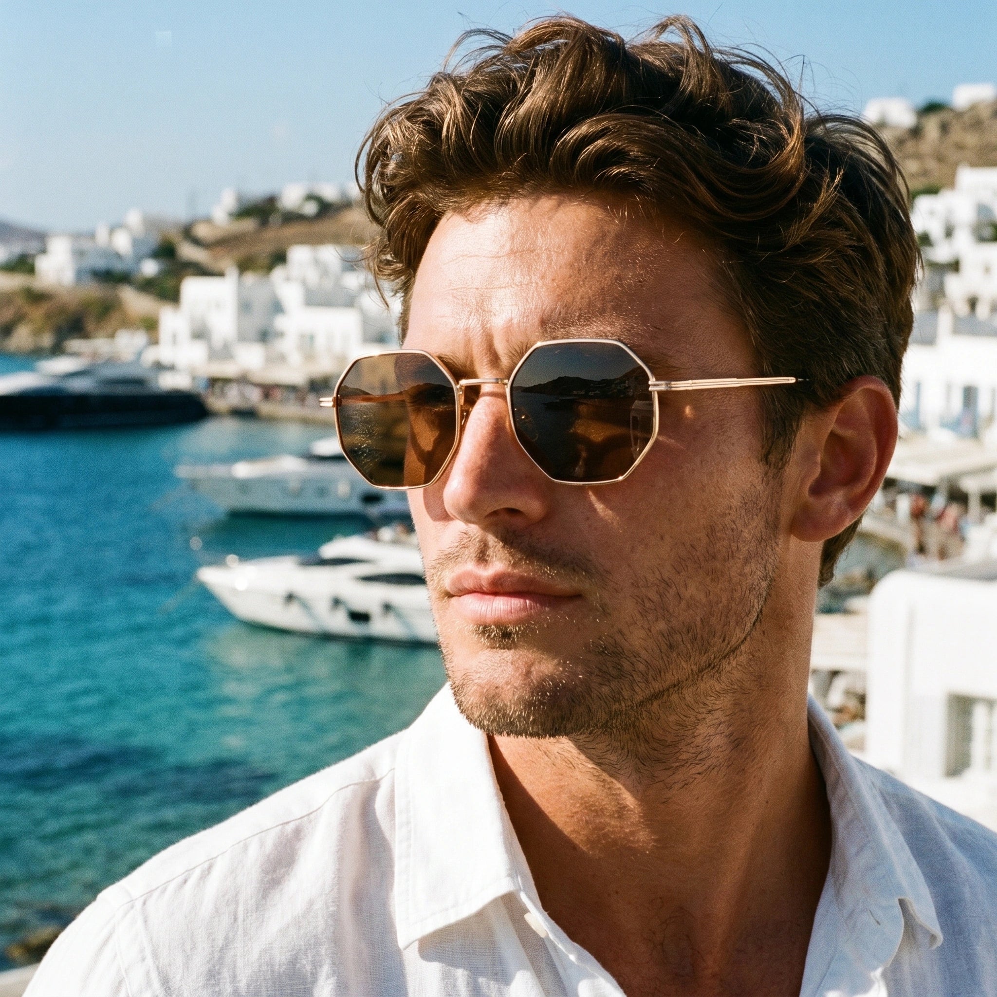 Close up of the Mens Vintage Summer Sunglasses showing the refined frame design, showing the intricate stitching and luxurious finish against a soft neutral background.