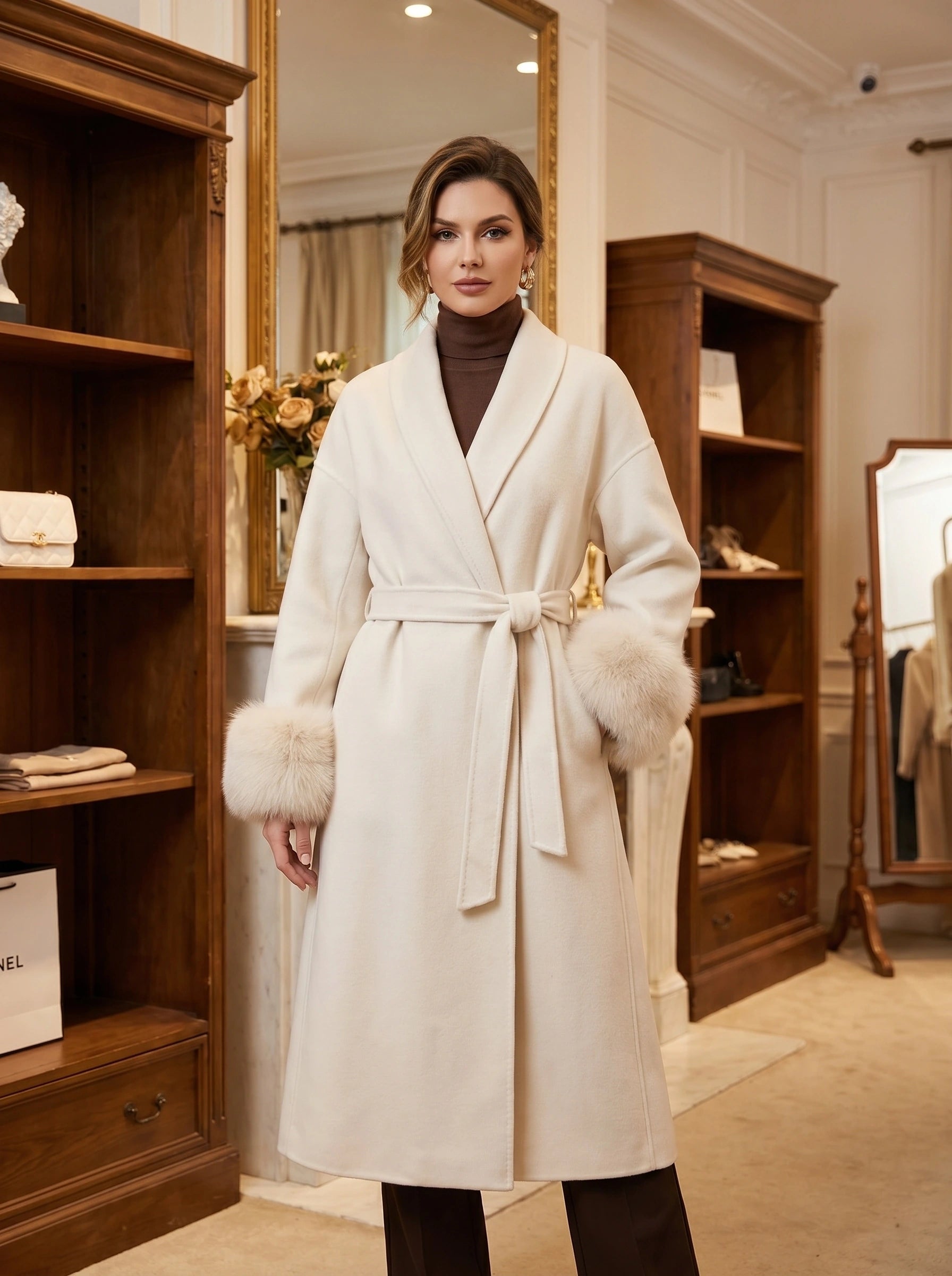 Close up of the Womens Luxurious Winter Coat showing the rich fabric texture, intricate stitching, and refined design elements against a soft neutral background.
