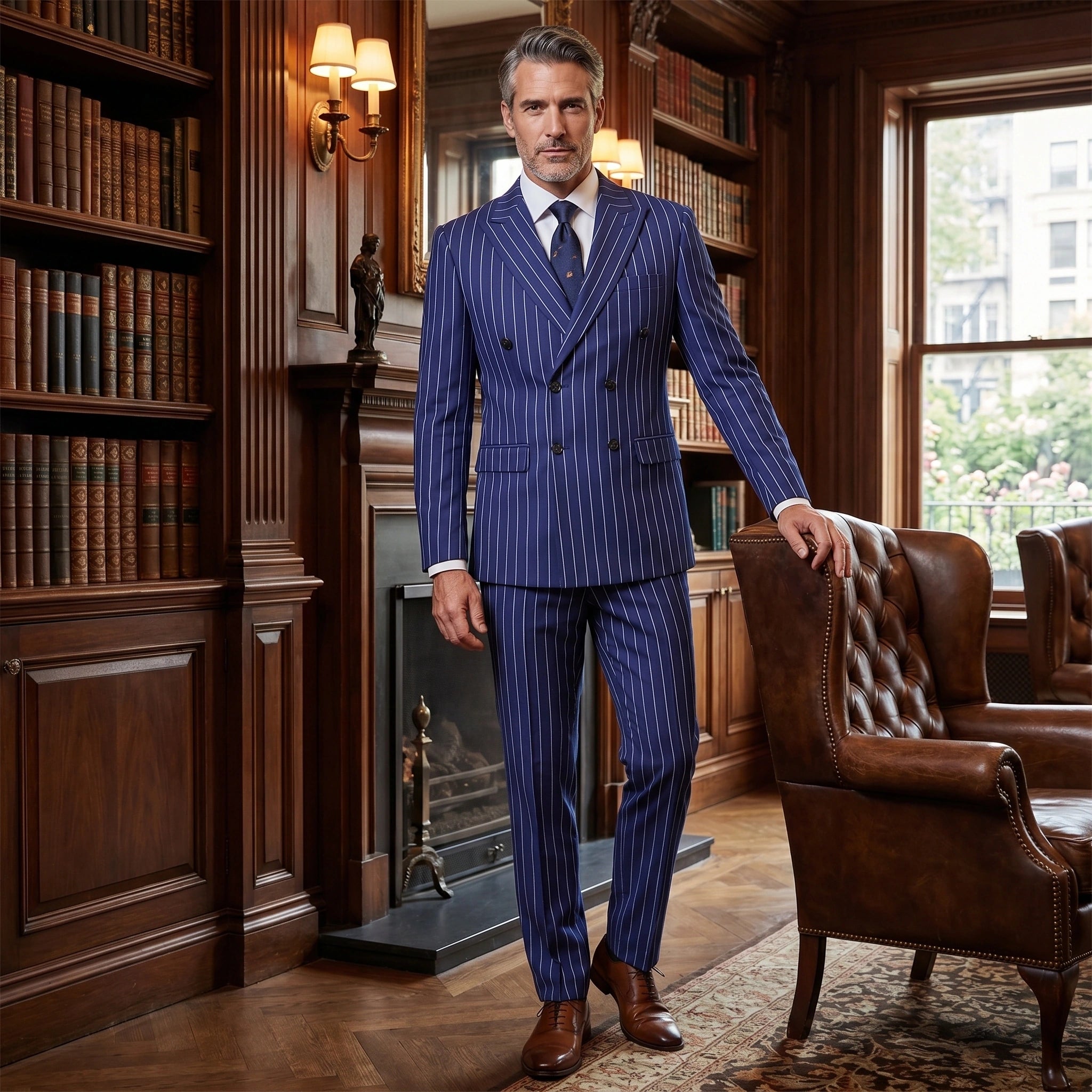 Close up view of the mens tailored sophisticated suit showing intricate stitching and premium fabric texture, emphasizing its elegance and quality craftsmanship.