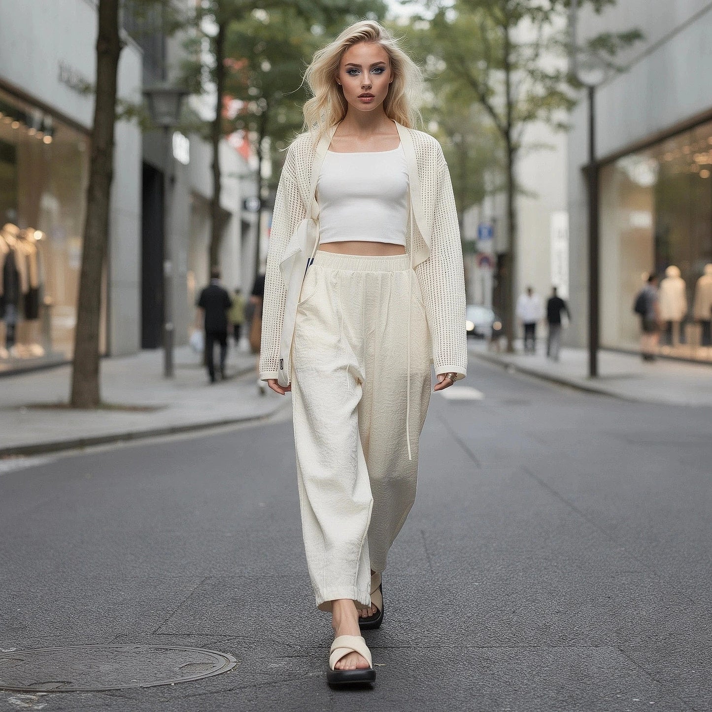 View of elegant high waisted wide leg pants in soft fabric, featuring a smooth waistband and flowing silhouette