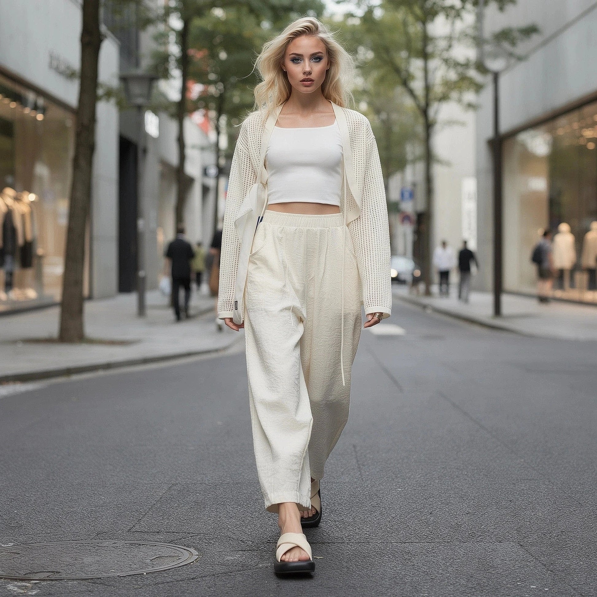 View of elegant high waisted wide leg pants in soft fabric, featuring a smooth waistband and flowing silhouette