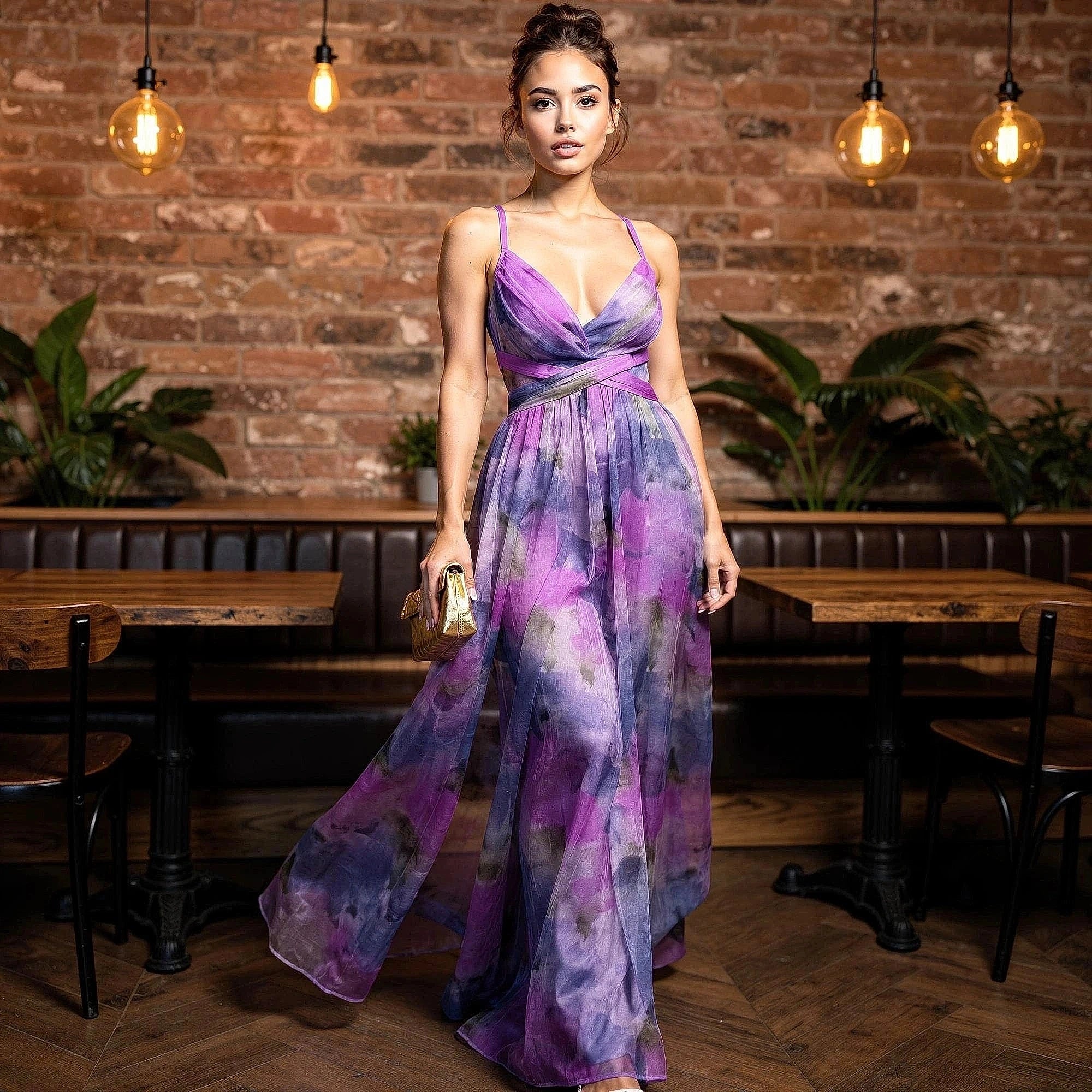 View of a relaxed floral maxi dress featuring adjustable straps, in a soft fabric with a vibrant floral pattern