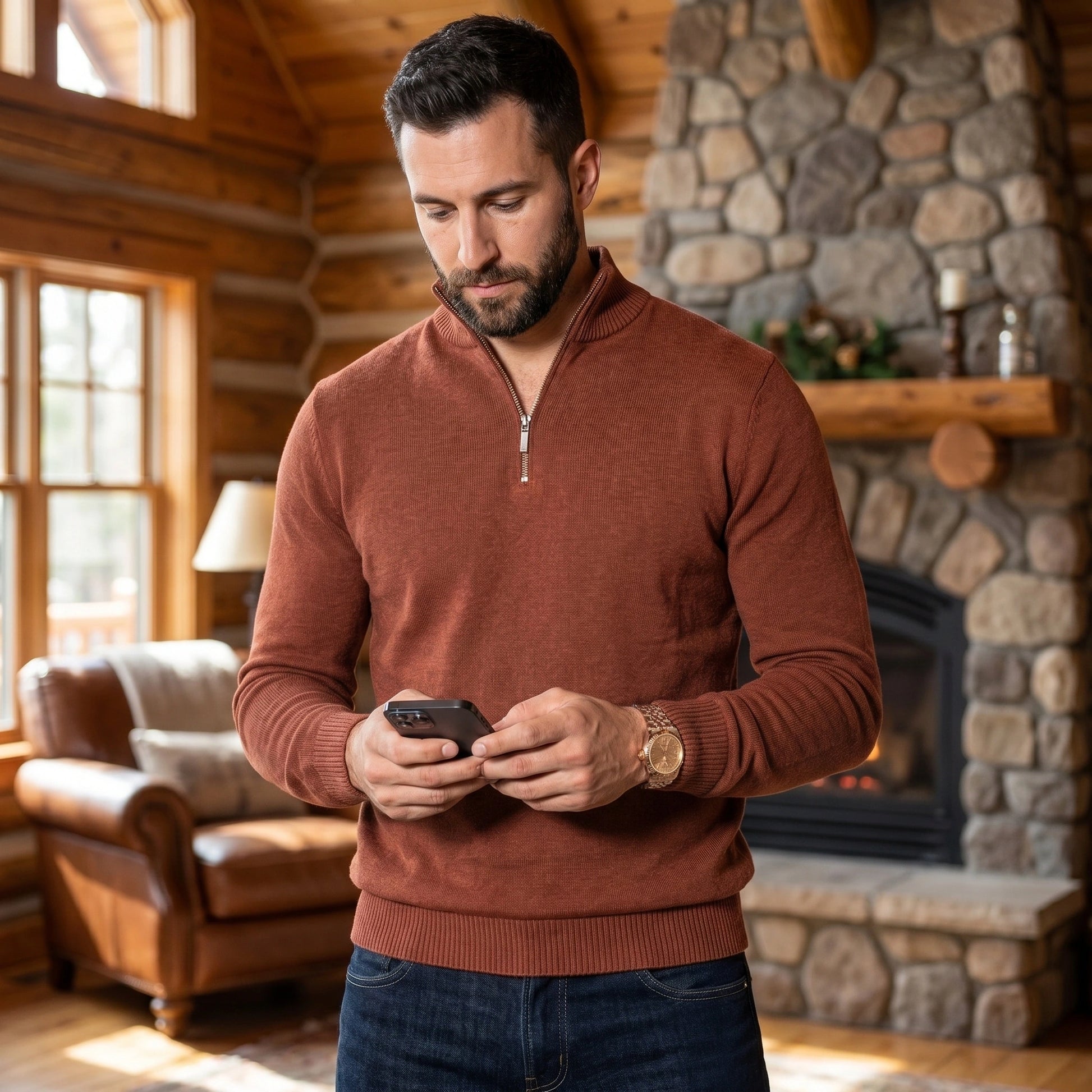 Back view of a model wearing a navy mens refined quarter zip regular fit sweater, showing its construction details against a neutral background.