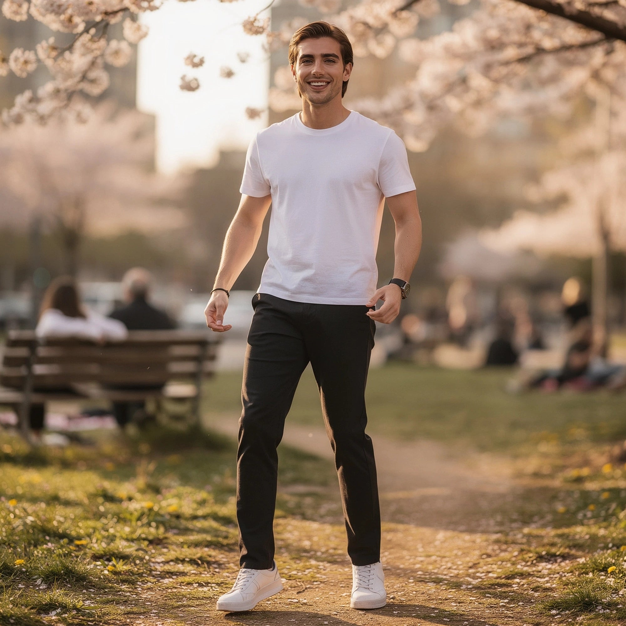 View of comfortable slim fit casual pants in dark gray fabric, featuring pockets and a smooth waistband