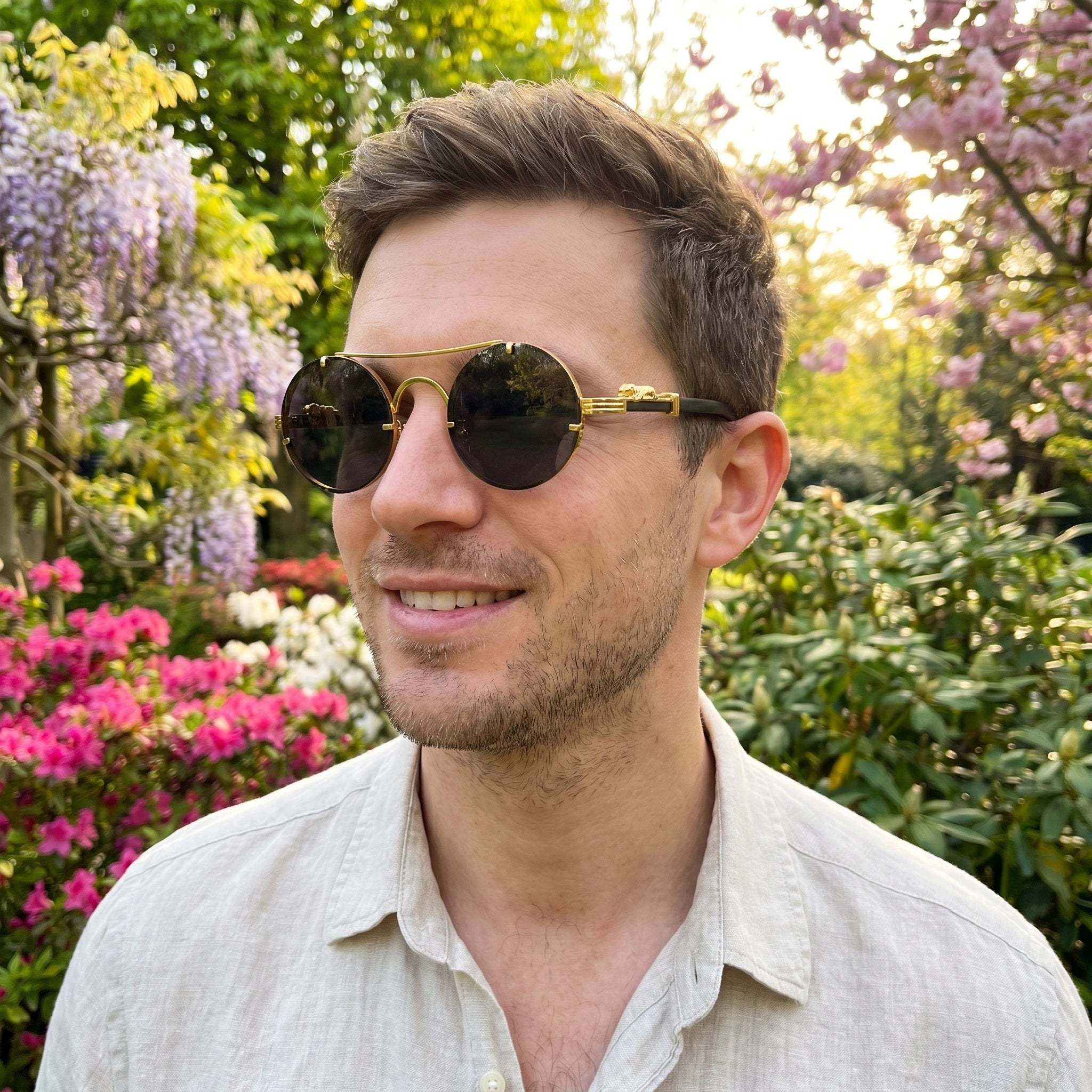 Close up of the Mens Luxe Retro Cheetah Eyewear showing the intricate stitching and bold cheetah print pattern, perfect for summer style enhancement.