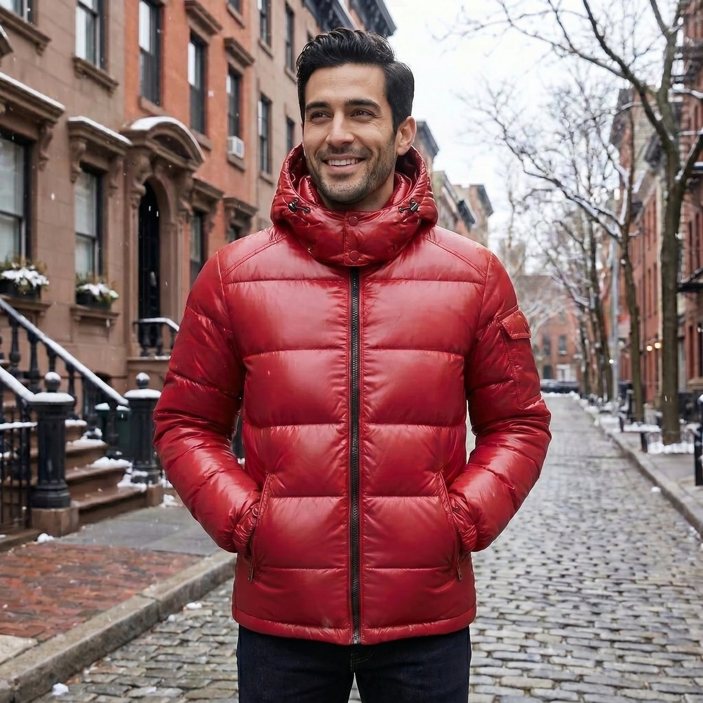 Back view of a model wearing a navy blue men's warm winter puffer jacket, showing its sleek construction details against a neutral outdoor background.