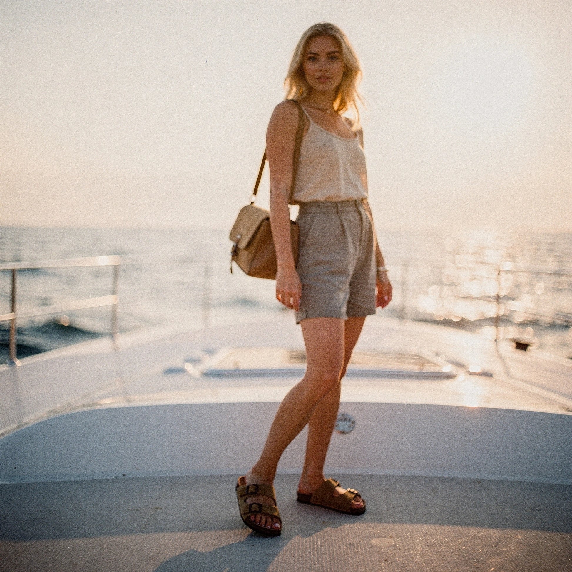 View of chic relaxed summer sandals in soft beige leather with adjustable straps and cushioned footbed