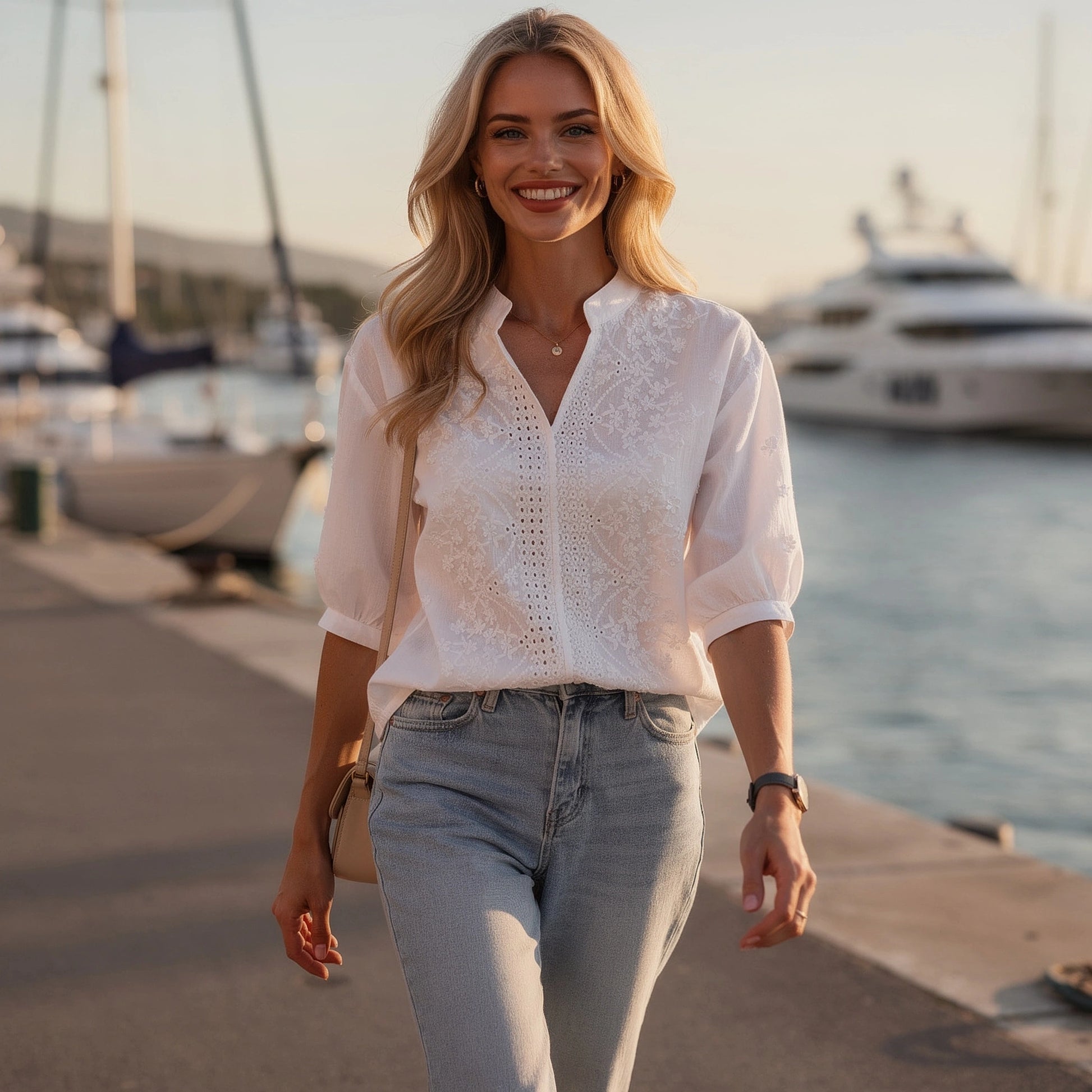 Lightweight cream blouse featuring a V neckline, puff sleeves, and delicate fabric, detailed view showcasing sleeve design
