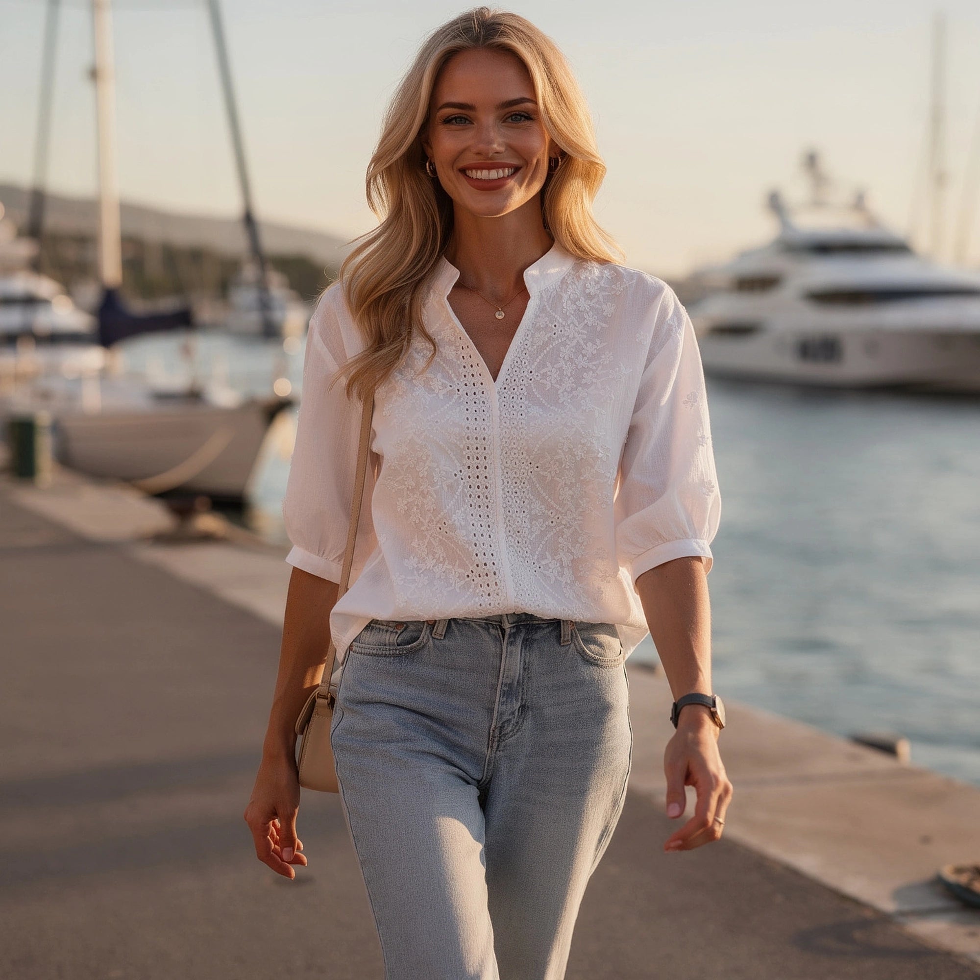 Lightweight cream blouse featuring a V neckline, puff sleeves, and delicate fabric, detailed view showcasing sleeve design