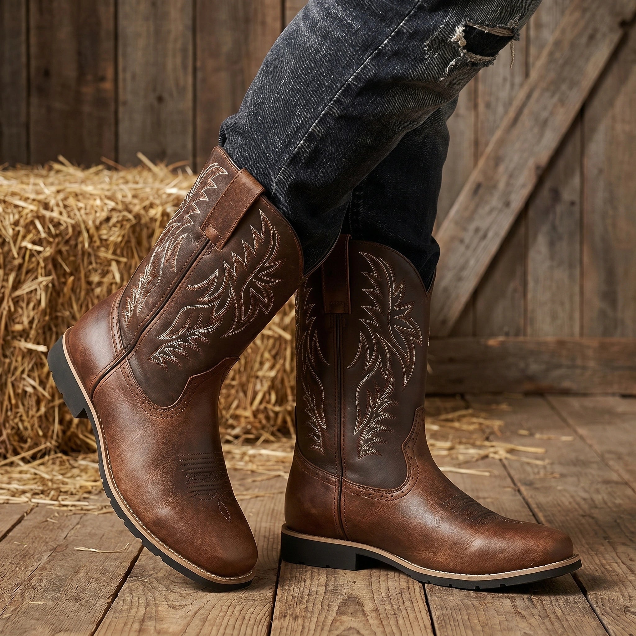 Close up view of the men's rugged mid calf western boots showing detailed stitching and rich leather texture against a neutral background.