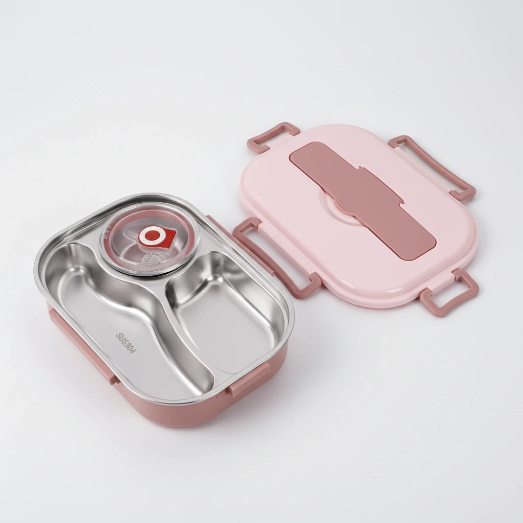 View of a contemporary stainless steel bento lunch box featuring multiple compartments and a sleek design, on a neutral background