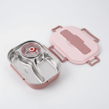 View of a contemporary stainless steel bento lunch box featuring multiple compartments and a sleek design, on a neutral background