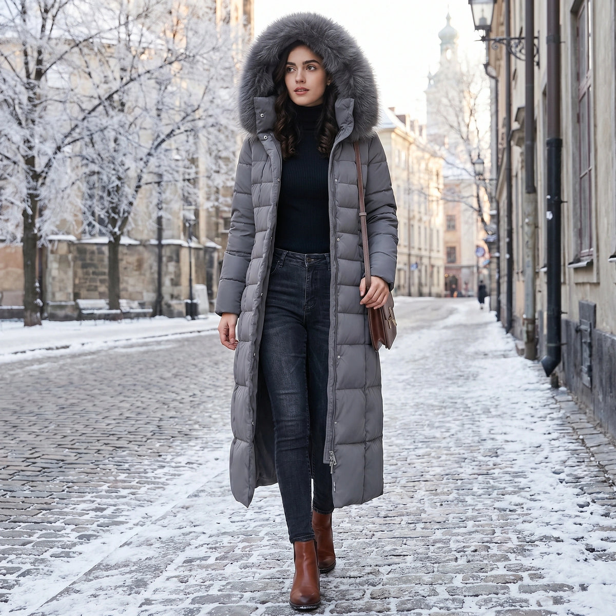 Close up view of the Womens Quilted Winter Jacket showing the intricate stitching and luxurious fabric texture, perfect for cold weather outfits.
