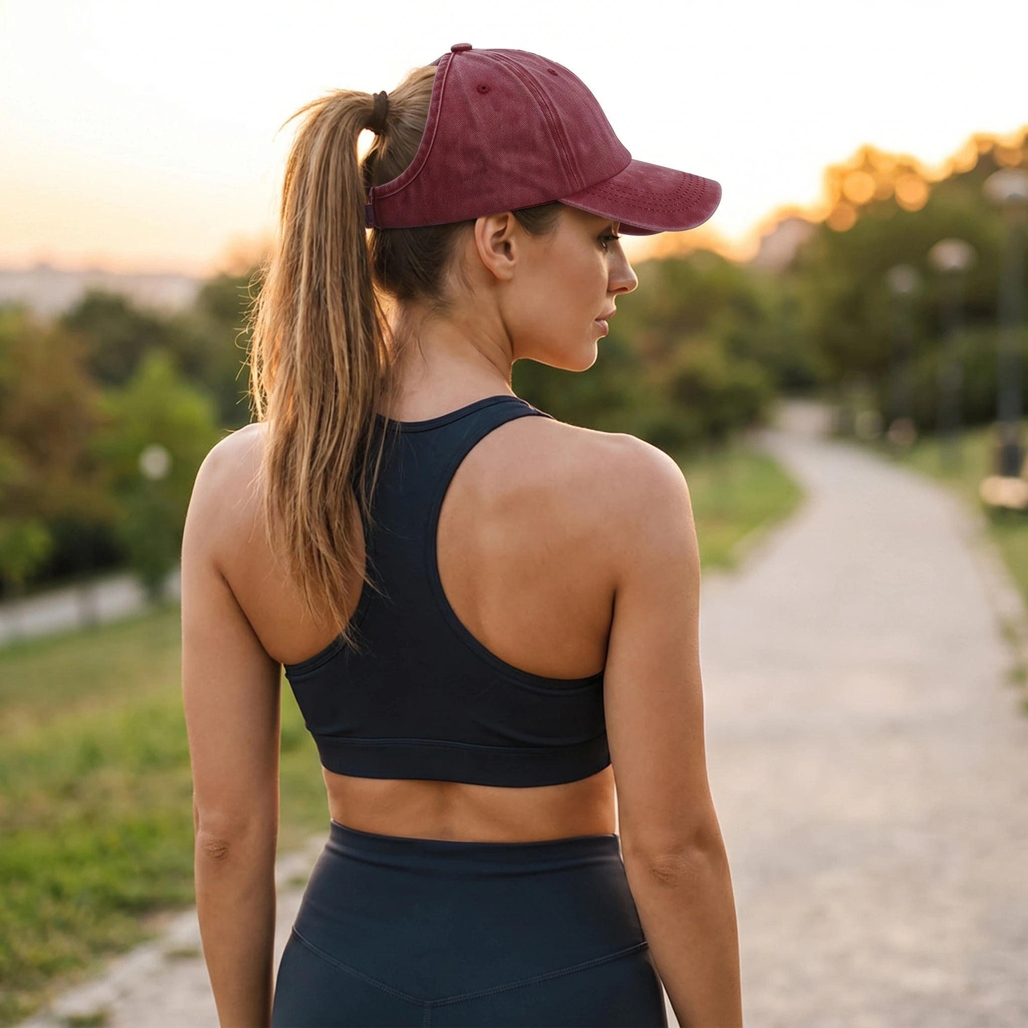 Close up view of the washed cotton fabric and detailed stitching of the baseball cap, showing its quality and retro design for outdoor adventures.