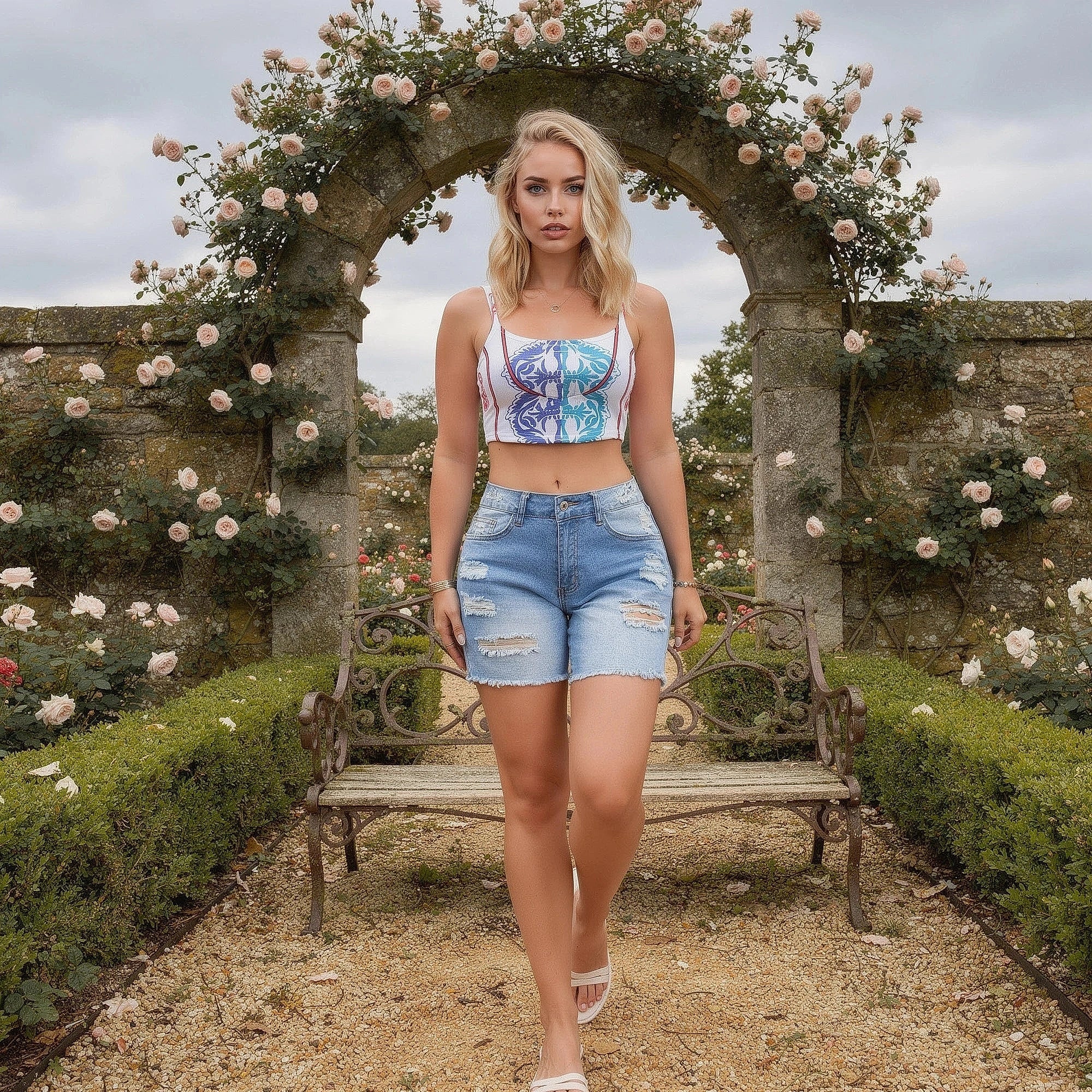View of relaxed stretch denim shorts in light blue, featuring a classic five pocket design and frayed hem