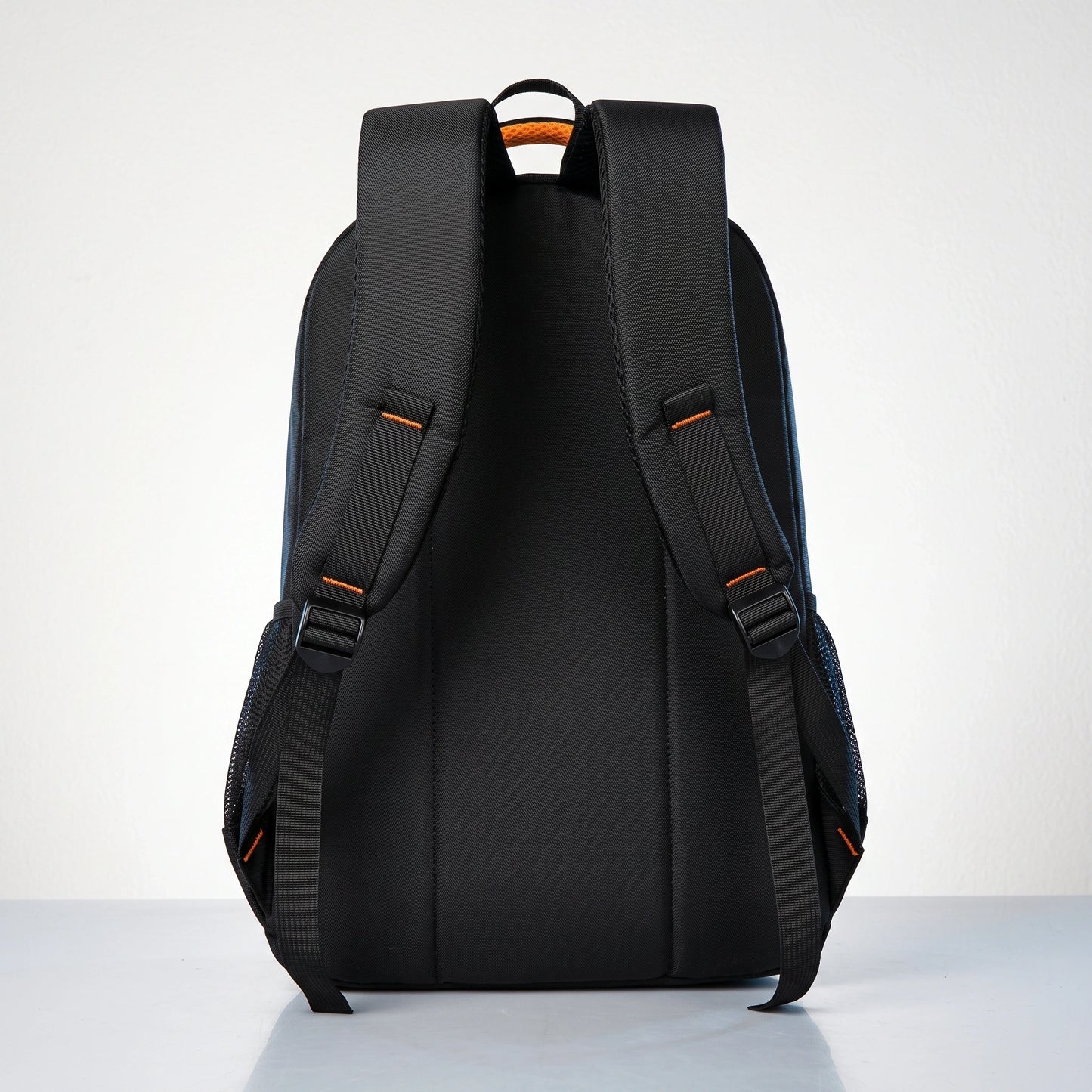 Close up view of the men's waterproof school backpack showing the durable Oxford fabric, intricate stitching details, and sleek design elements perfect for urban commuting.