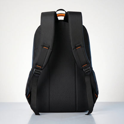 Close up view of the men's waterproof school backpack showing the durable Oxford fabric, intricate stitching details, and sleek design elements perfect for urban commuting.