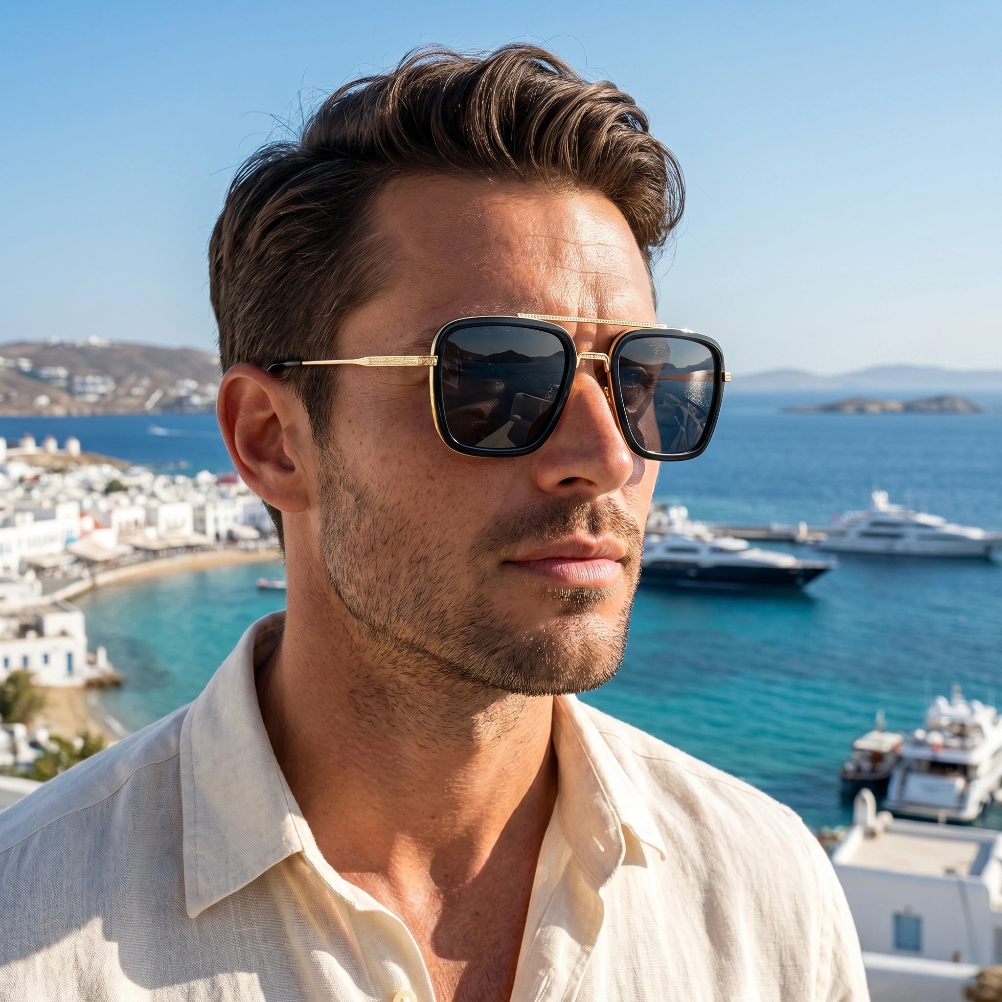 Back view of a model wearing mens retro square sunglasses, showing detailed craftsmanship against a neutral background, showing the sophisticated design and unique style.