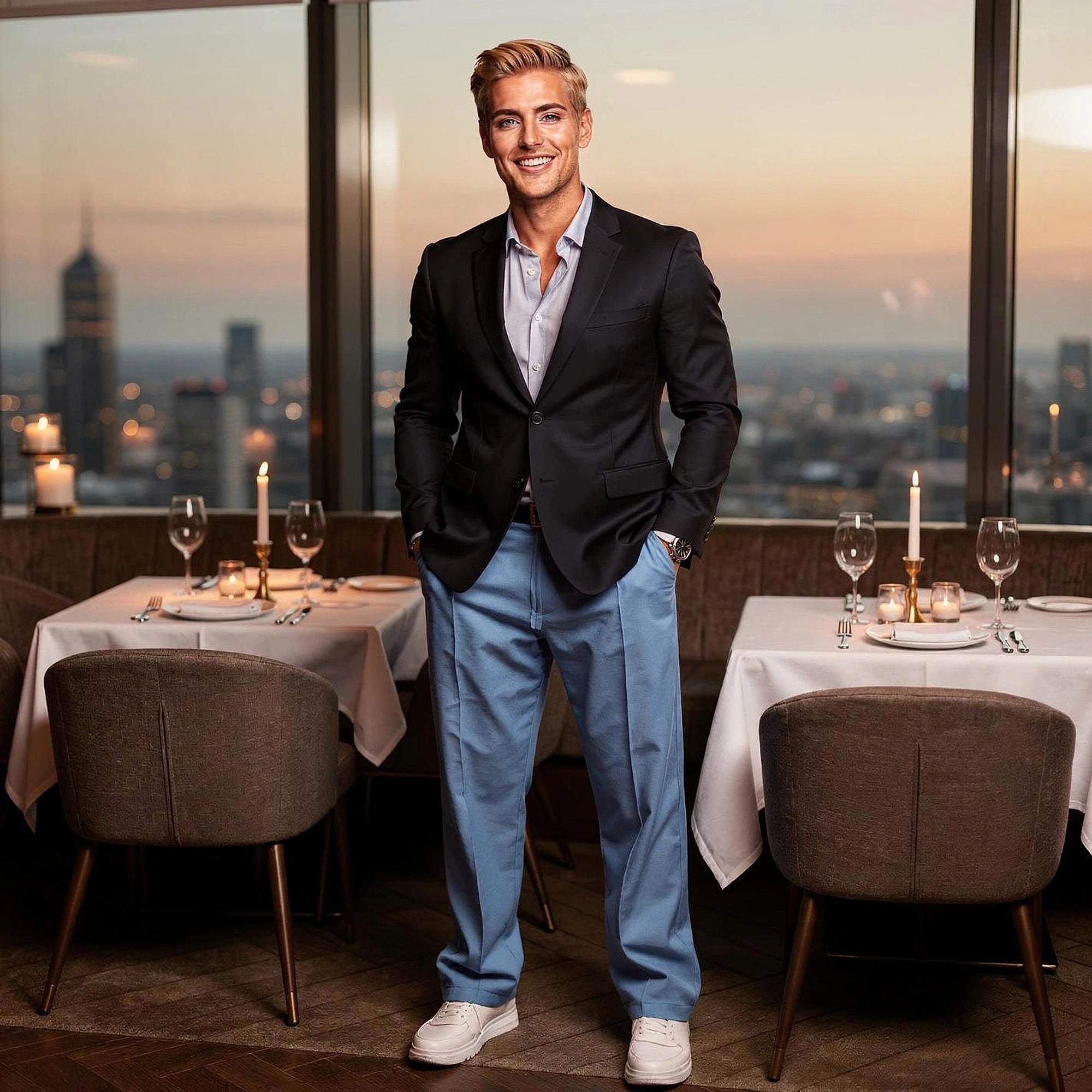 Light gray loose fit formal trousers made of soft fabric, featuring a flat and pockets, view