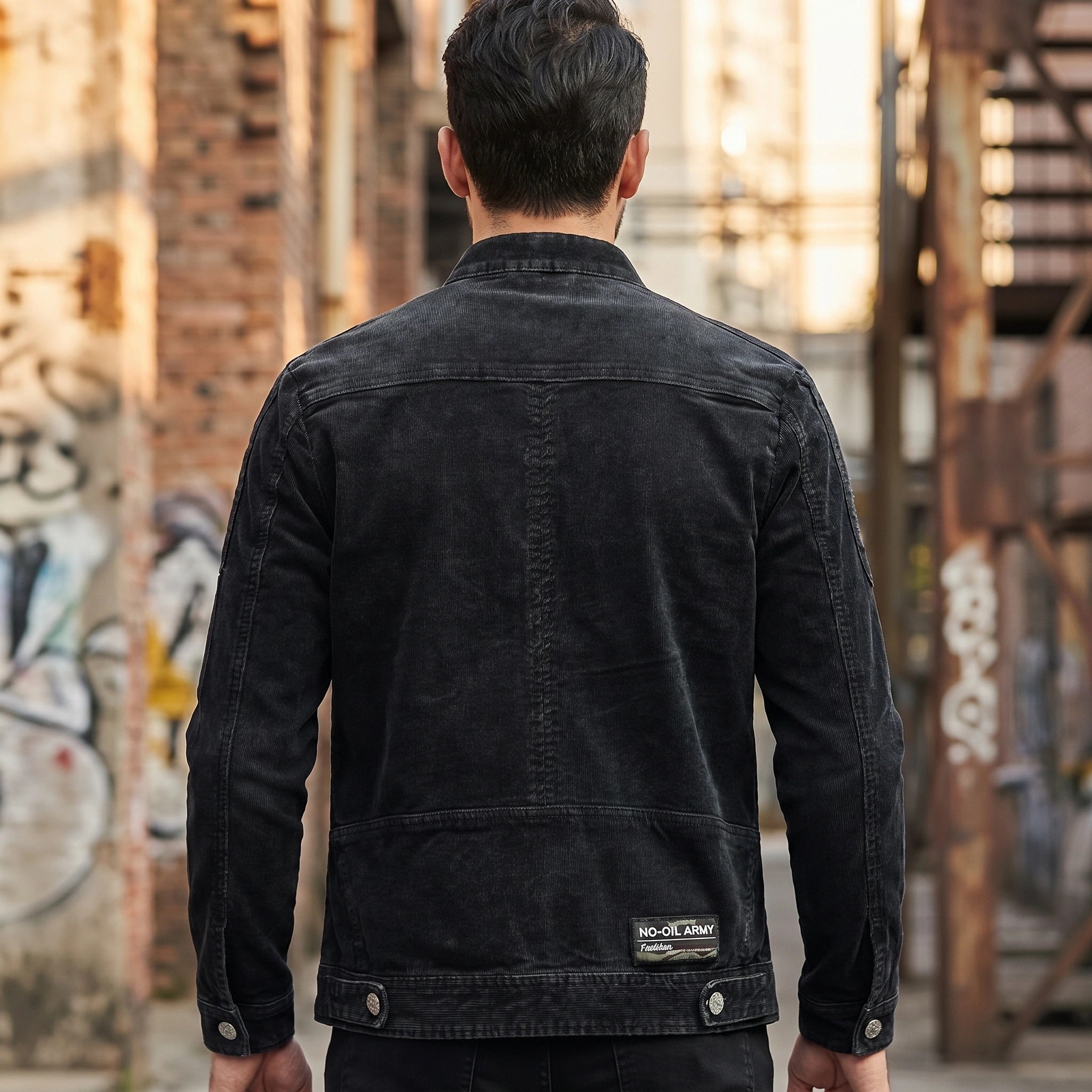 Back view of a model wearing a mens urban casual jacket in a versatile color, showing its construction details against a minimalist backdrop.