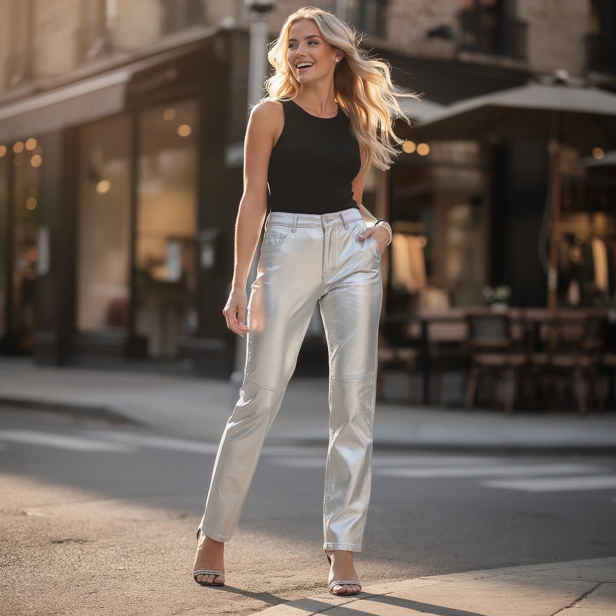 View of stylish high waisted trousers in black fabric, featuring a tailored fit and sleek design