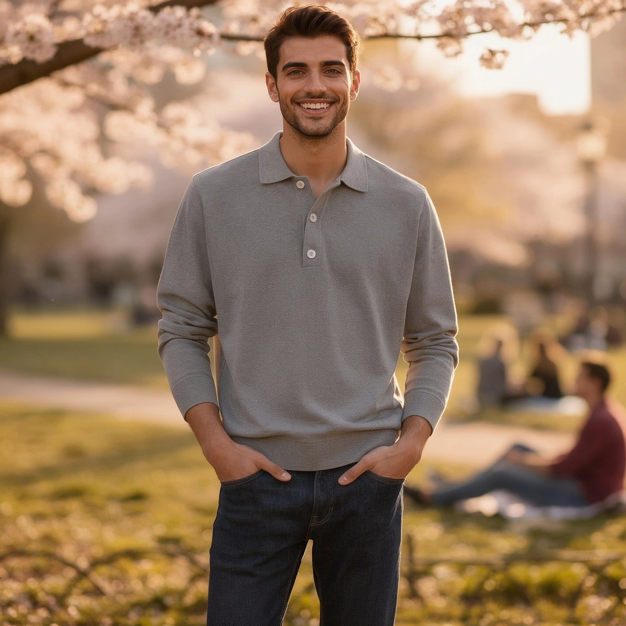 View of a light gray knit polo shirt featuring a classic collar and short sleeves, showcasing soft fabric texture