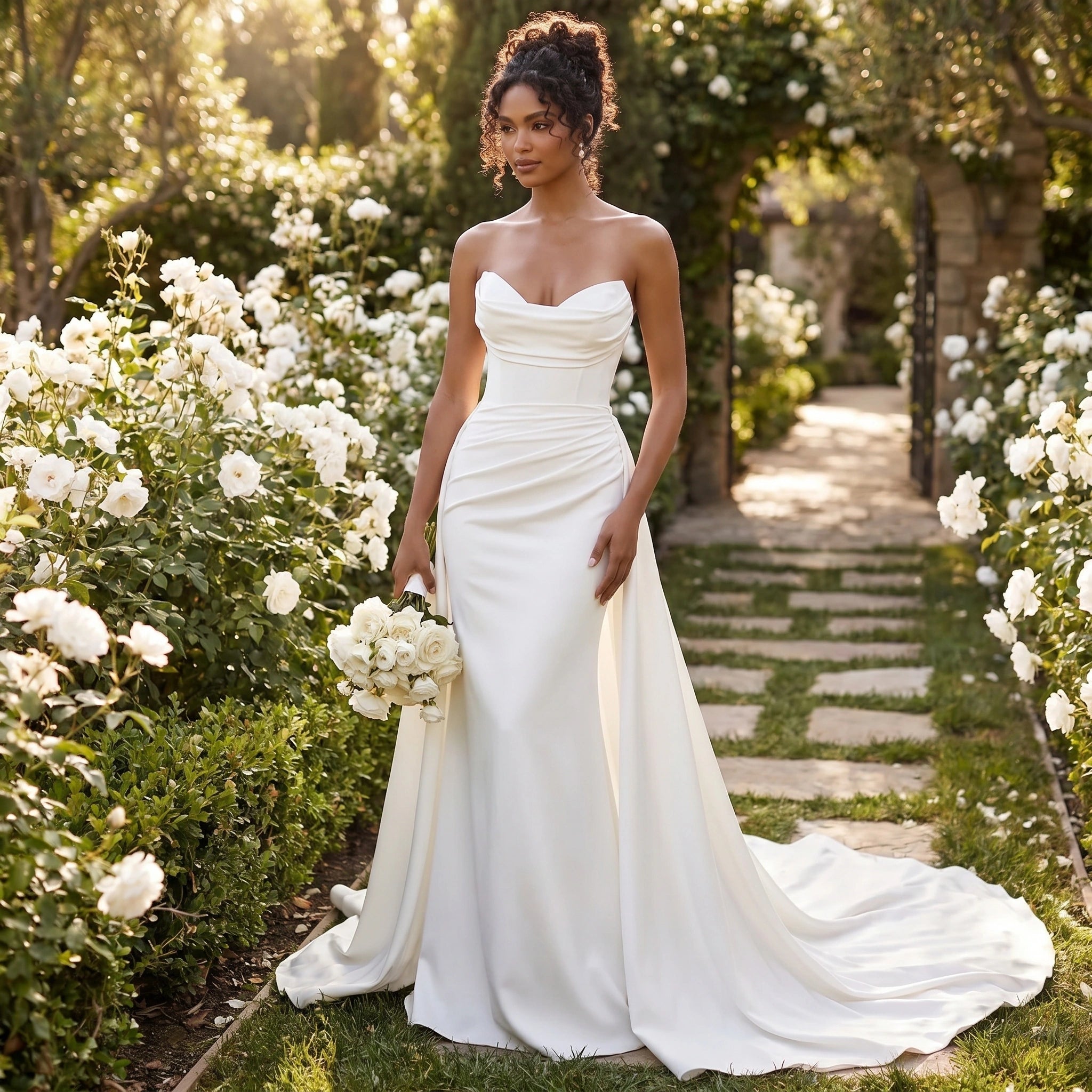 A model showcases the Womens Enchanting Bridal Gown in a soft ivory hue, showing intricate lace details against a serene outdoor backdrop.