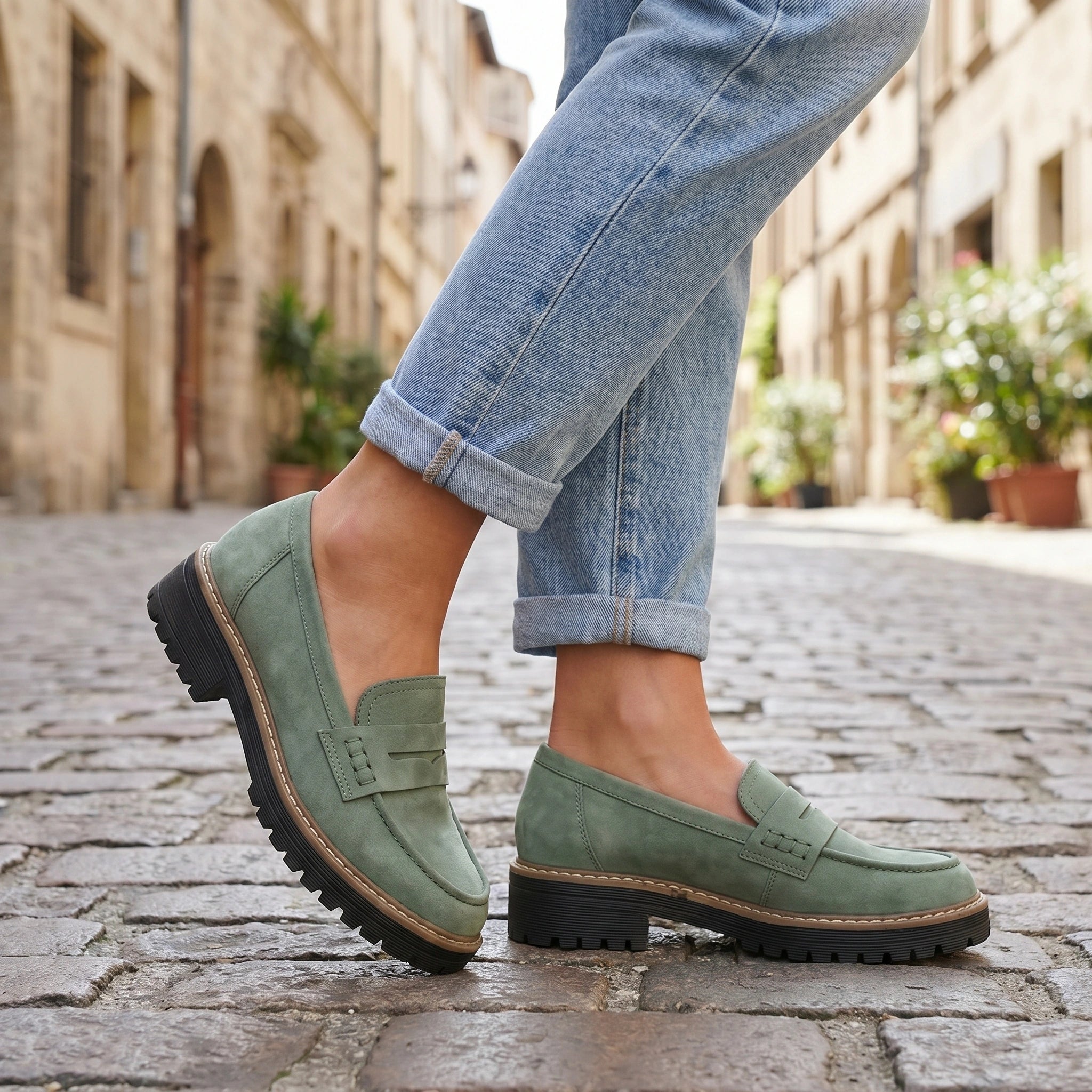 Back view of a model wearing Women's Supportive Loafers in a neutral tone, showing the shoe's refined construction details against a soft, minimalistic background.