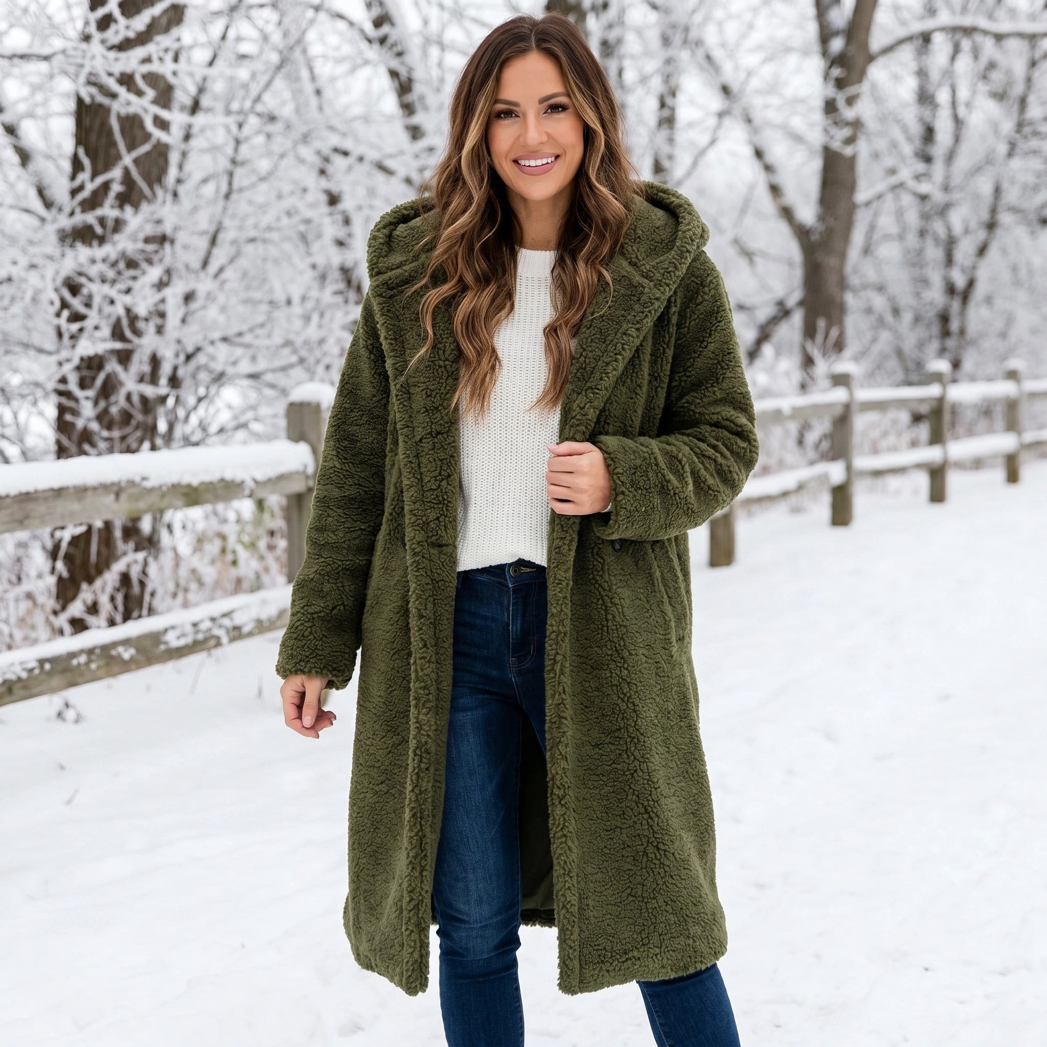 Close up view of the Women's Relaxed Classic Winter Coat showing the soft fabric texture and precise stitching details against a neutral background.