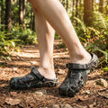 Back view of men's lightweight comfortable summer sandals showing their sleek design and durable construction, set against a neutral background showing their versatility for home and garden use.