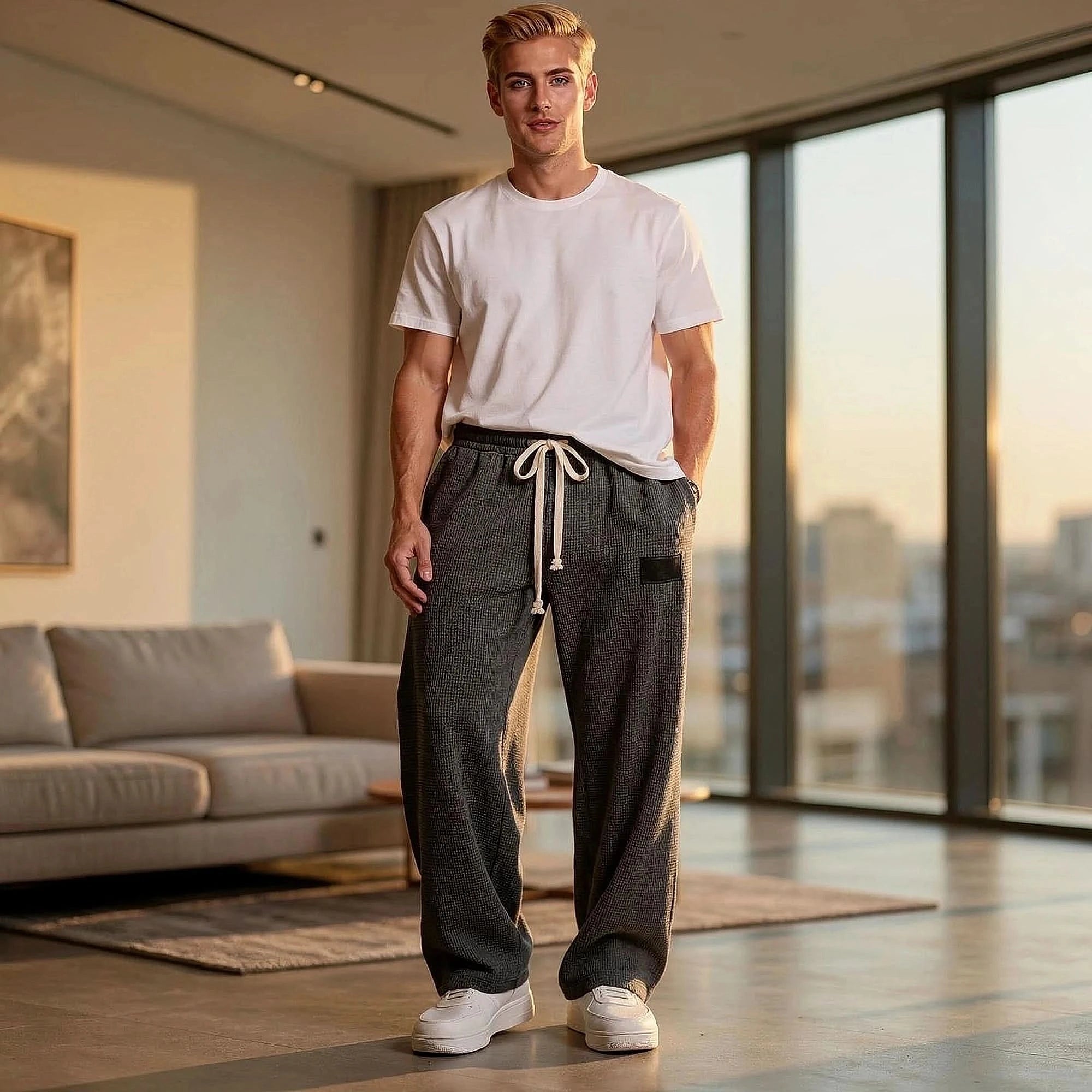 View of relaxed fit pants in soft cotton fabric, featuring a comfortable waistband and subtle stitching
