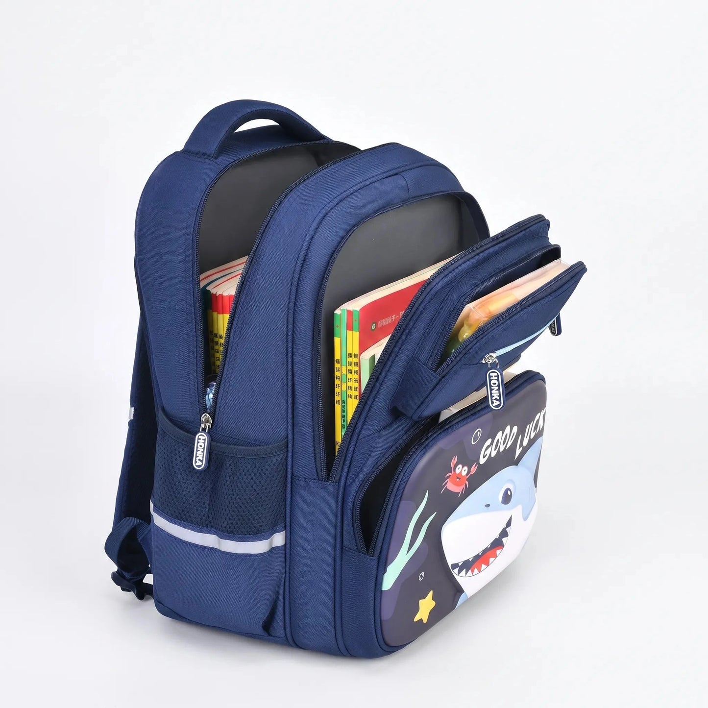 View of a stylish oxford school backpack set in navy blue, featuring multiple compartments and padded shoulder straps