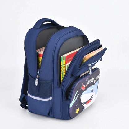 View of a stylish oxford school backpack set in navy blue, featuring multiple compartments and padded shoulder straps