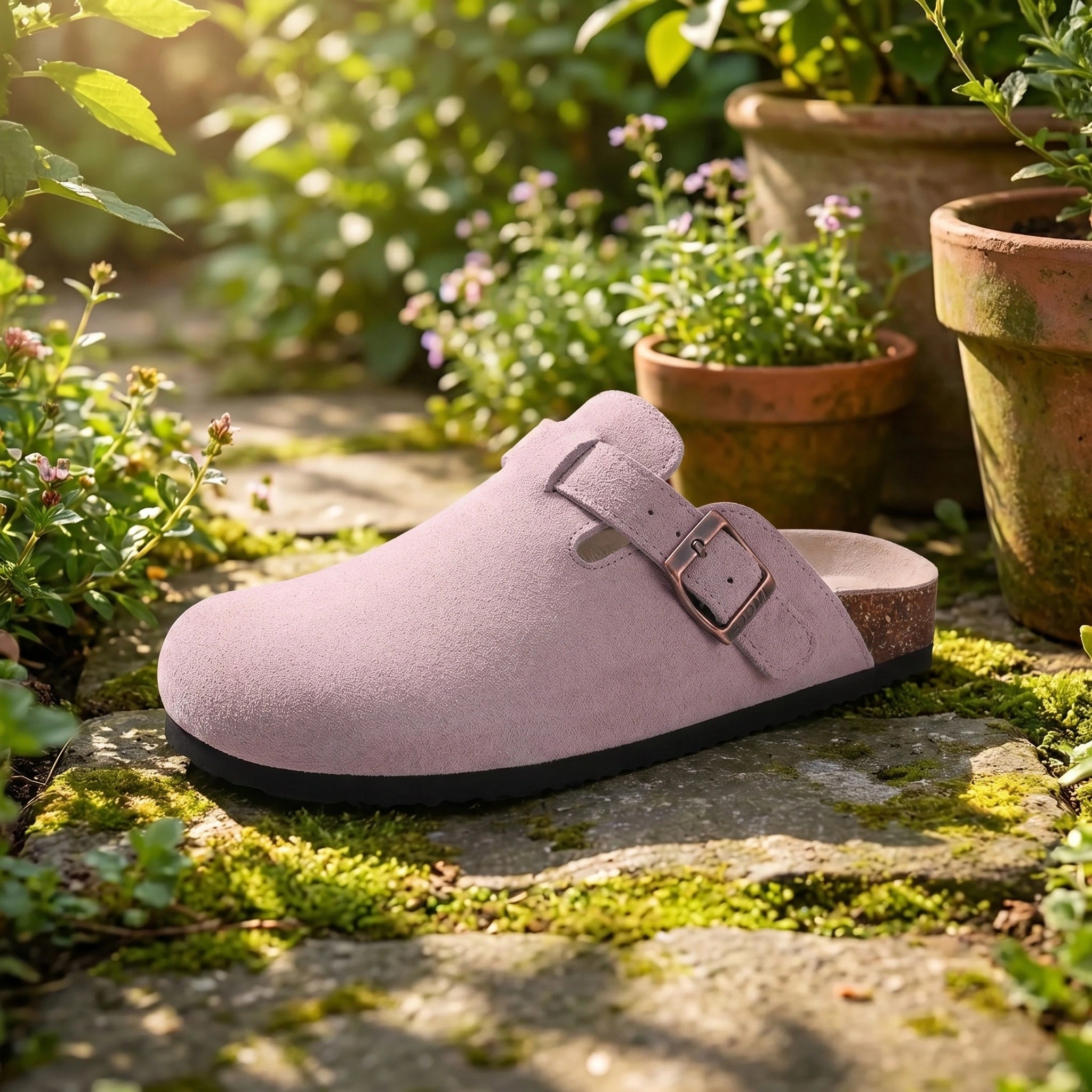 Close up showing the soft suede texture and detailed stitching of the men's comfortable sandals, showing their quality and craftsmanship.