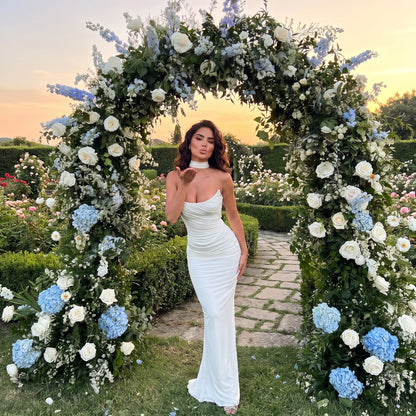 Close up view of the Womens Strapless Maxi Dress showing intricate stitching and luxurious fabric texture, perfect for weddings and special events.