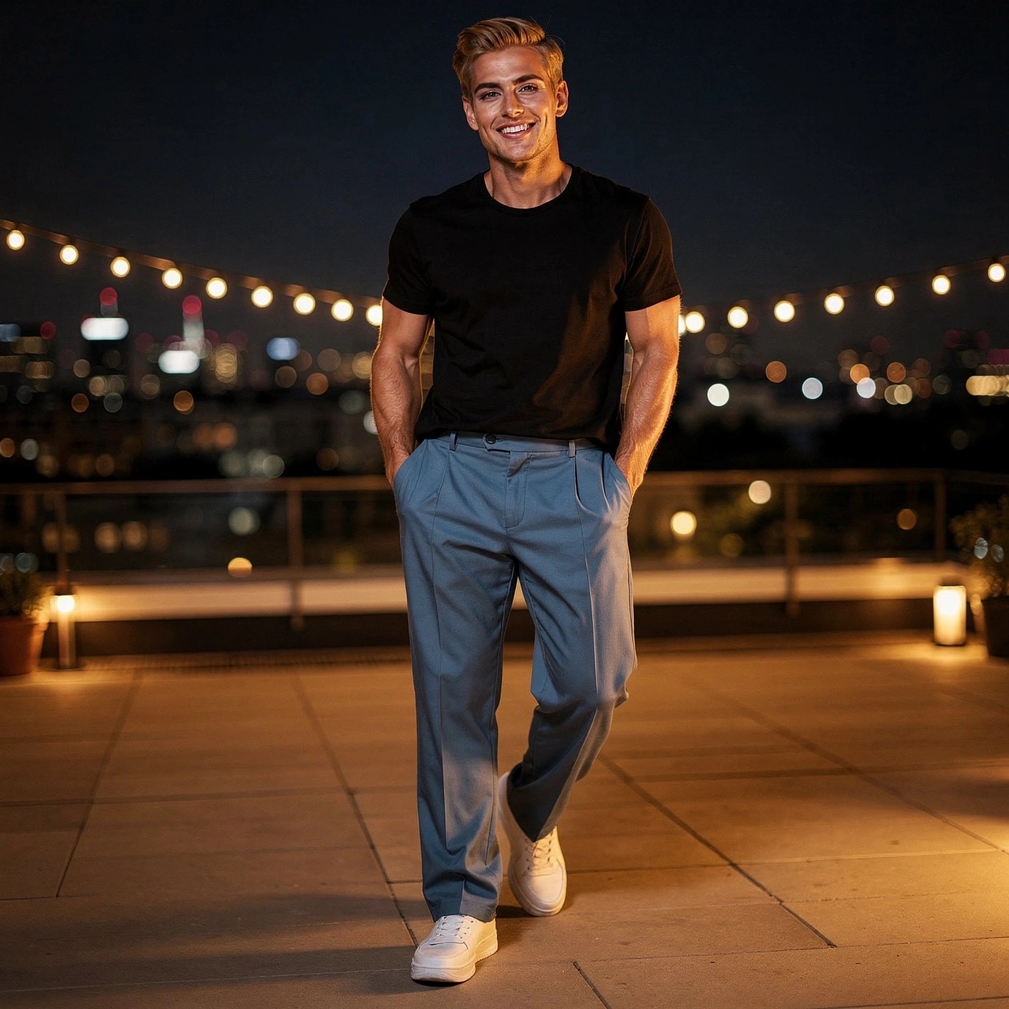 View of comfortable loose fit formal trousers in charcoal gray fabric, featuring a smooth texture and tailored waistband