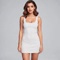 View of a chic athletic dress in soft, breathable fabric, featuring a fitted bodice and flared skirt