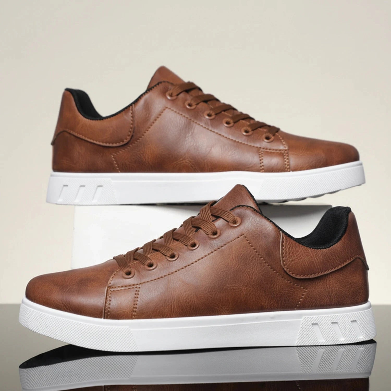 View of stylish men's casual shoes in dark brown leather with a comfortable sole and sleek design