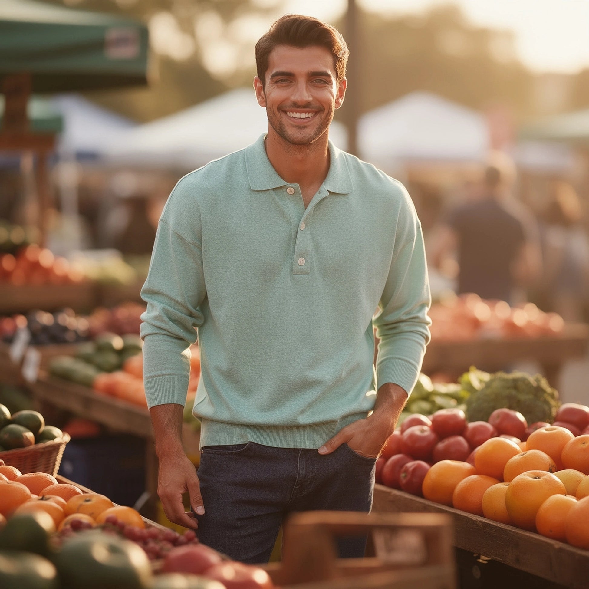 View of a light gray casual knit polo shirt, featuring a relaxed fit and short sleeves
